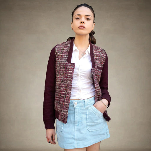 Women's Updated Tweed Varsity Jacket with Contrast Sleeve - FINAL SALE Womens Jacket Members Only® Burgundy X-Small