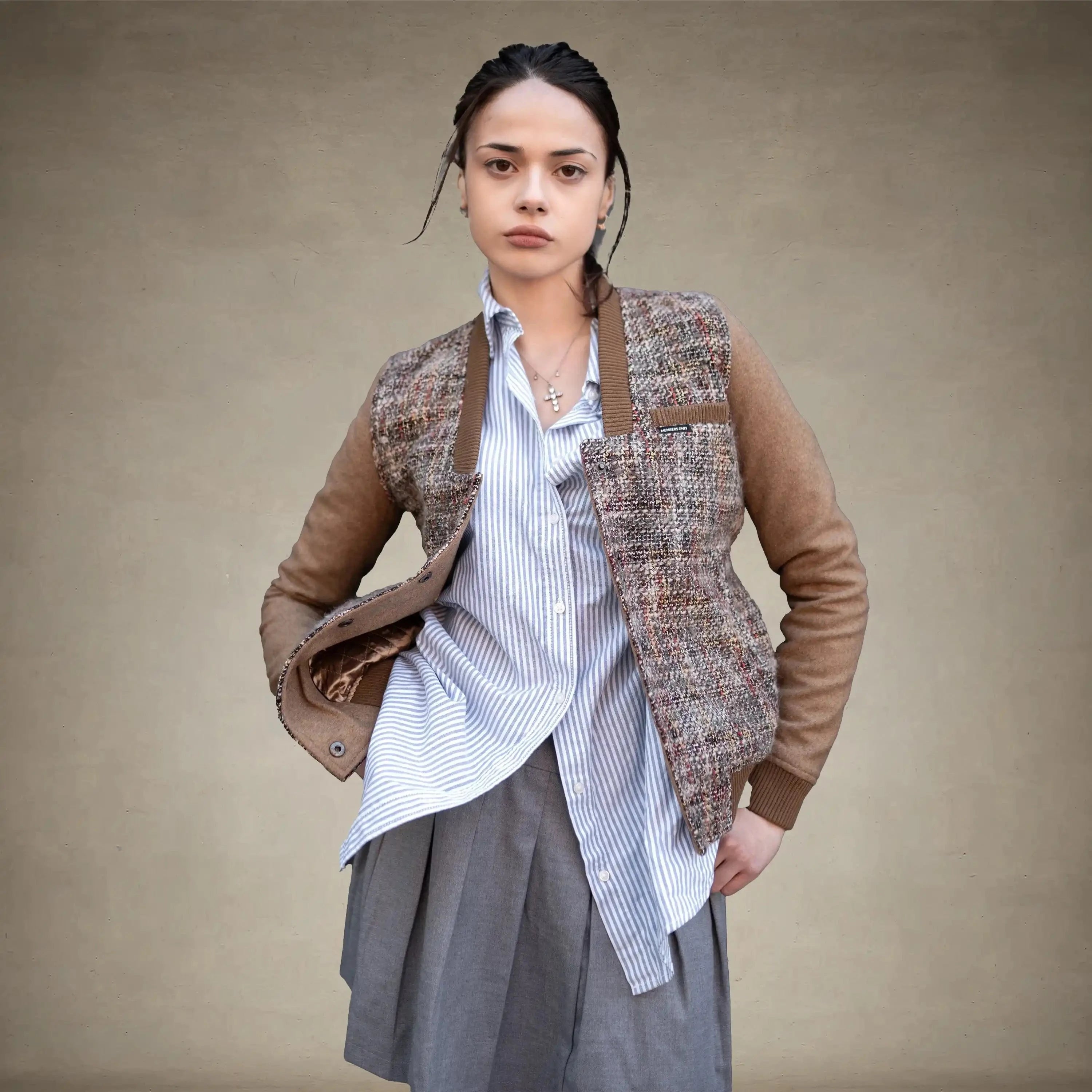 Women's Updated Tweed Varsity Jacket with Contrast Sleeve - FINAL SALE Womens Jacket Members Only® Camel X-Small