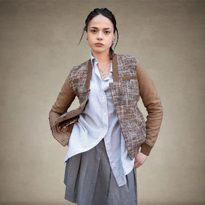 Women's Updated Tweed Varsity Jacket with Contrast Sleeve - FINAL SALE Womens Jacket Members Only® Camel X-Small