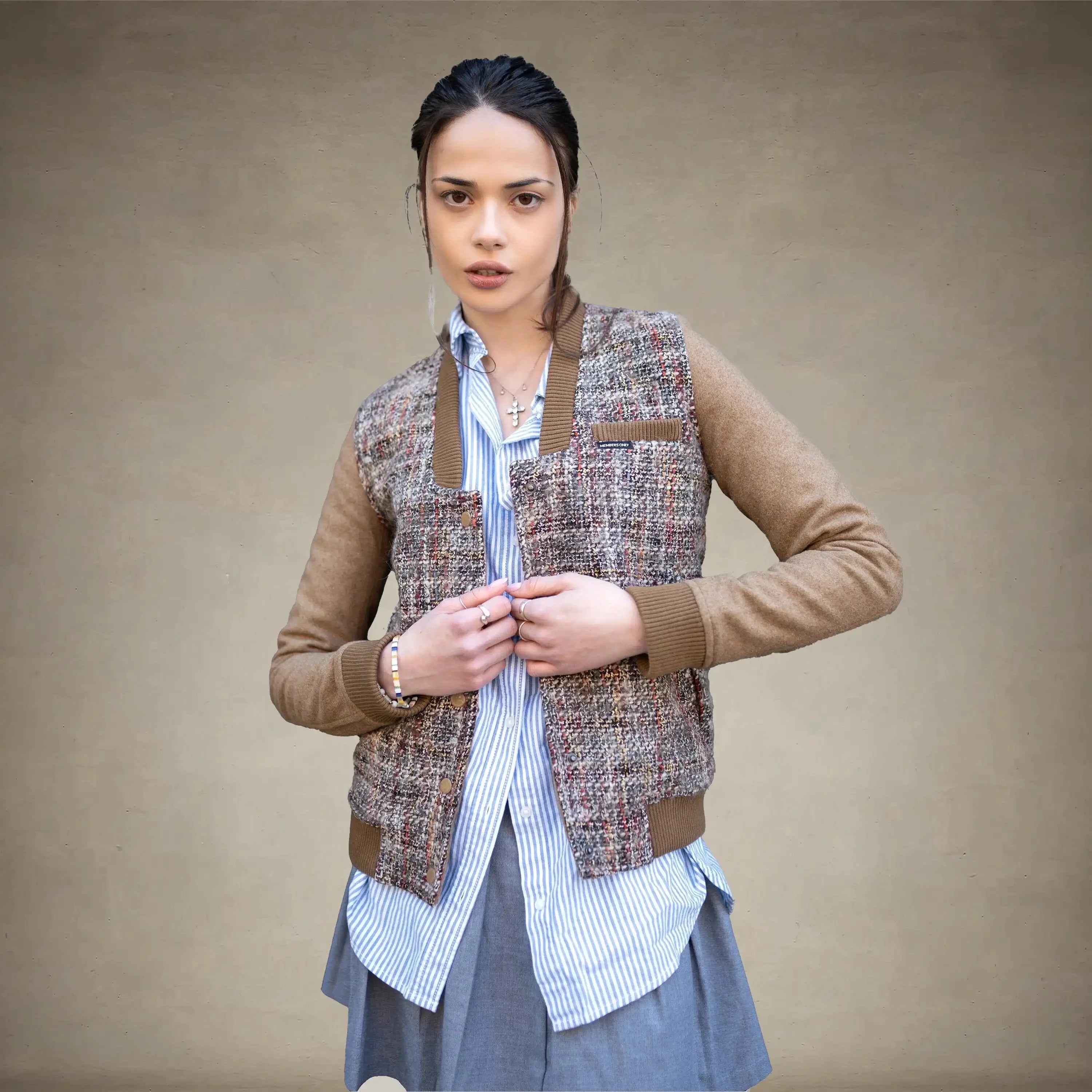 Women's Updated Tweed Varsity Jacket with Contrast Sleeve - FINAL SALE Womens Jacket Members Only®