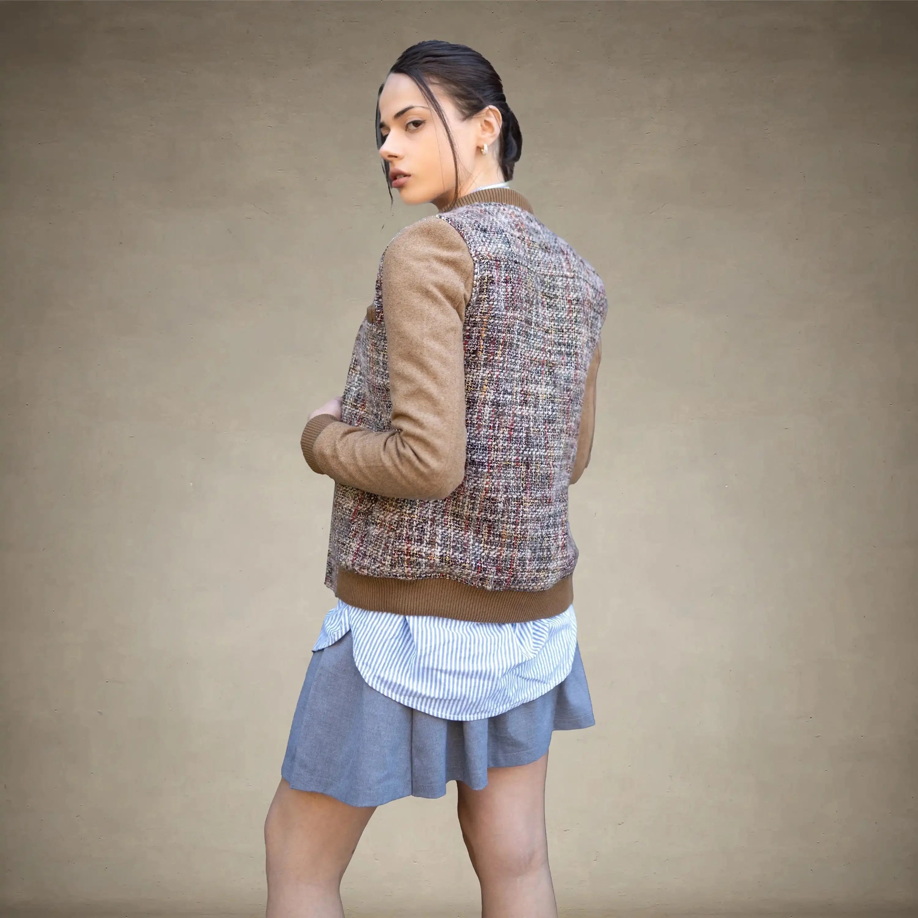 Women's Updated Tweed Varsity Jacket with Contrast Sleeve - FINAL SALE Womens Jacket Members Only®