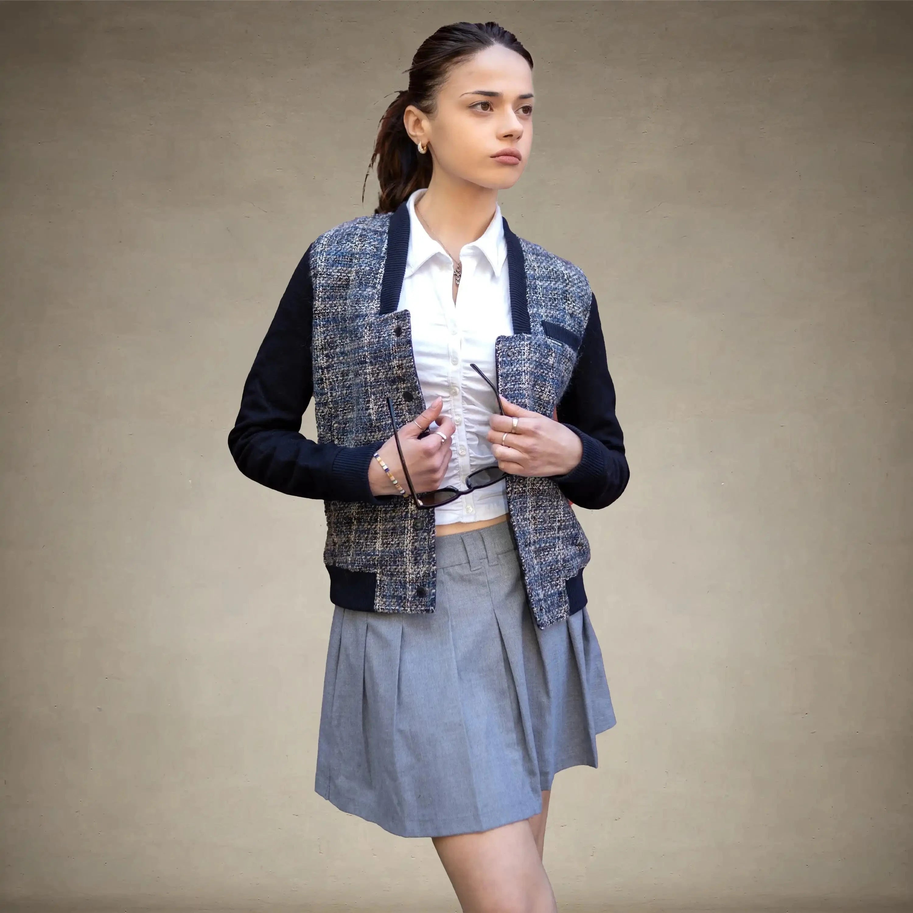 Women's Updated Tweed Varsity Jacket with Contrast Sleeve - FINAL SALE Womens Jacket Members Only® Navy X-Small