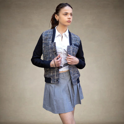 Women's Updated Tweed Varsity Jacket with Contrast Sleeve - FINAL SALE Womens Jacket Members Only® Navy X-Small