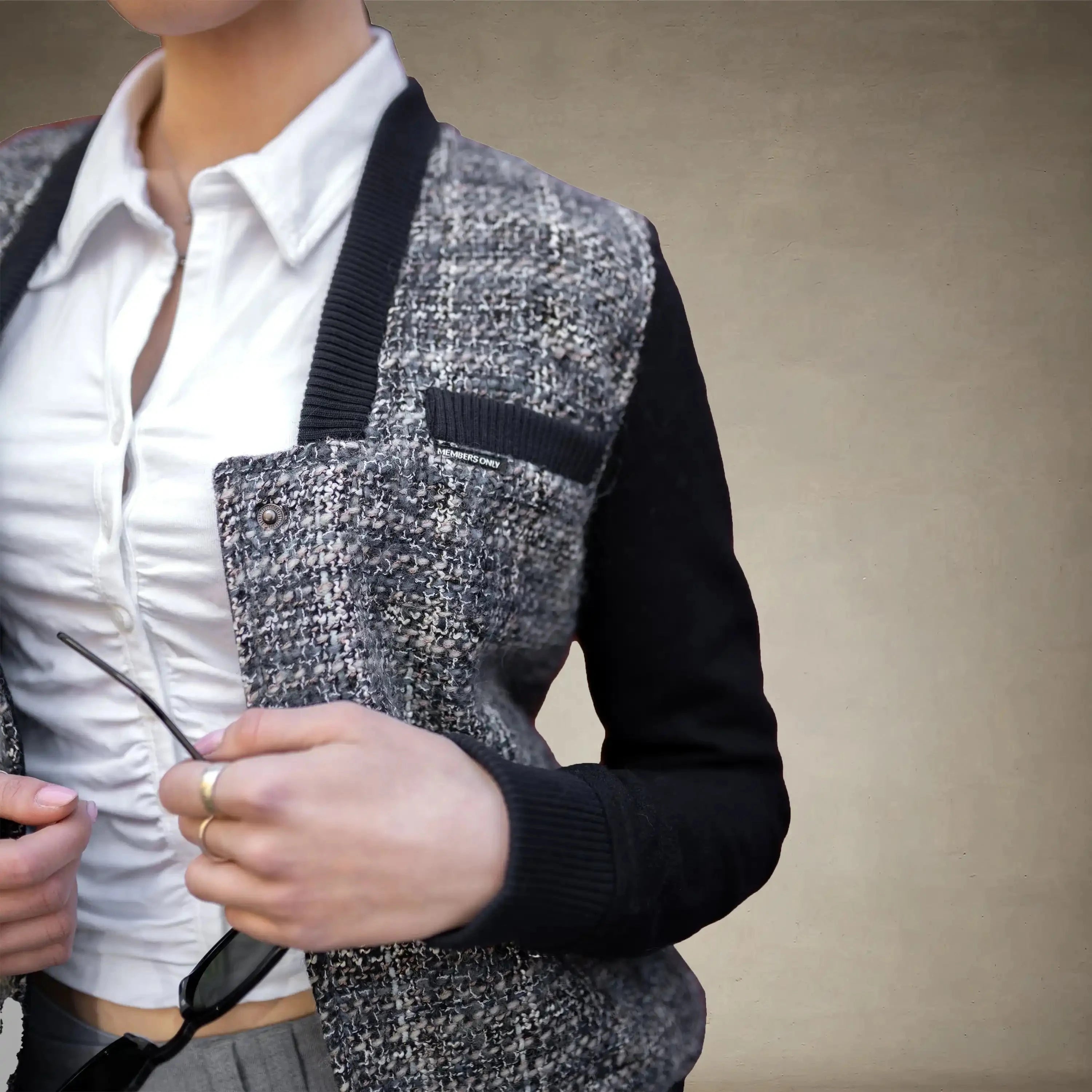 Women's Updated Tweed Varsity Jacket with Contrast Sleeve - FINAL SALE Womens Jacket Members Only®