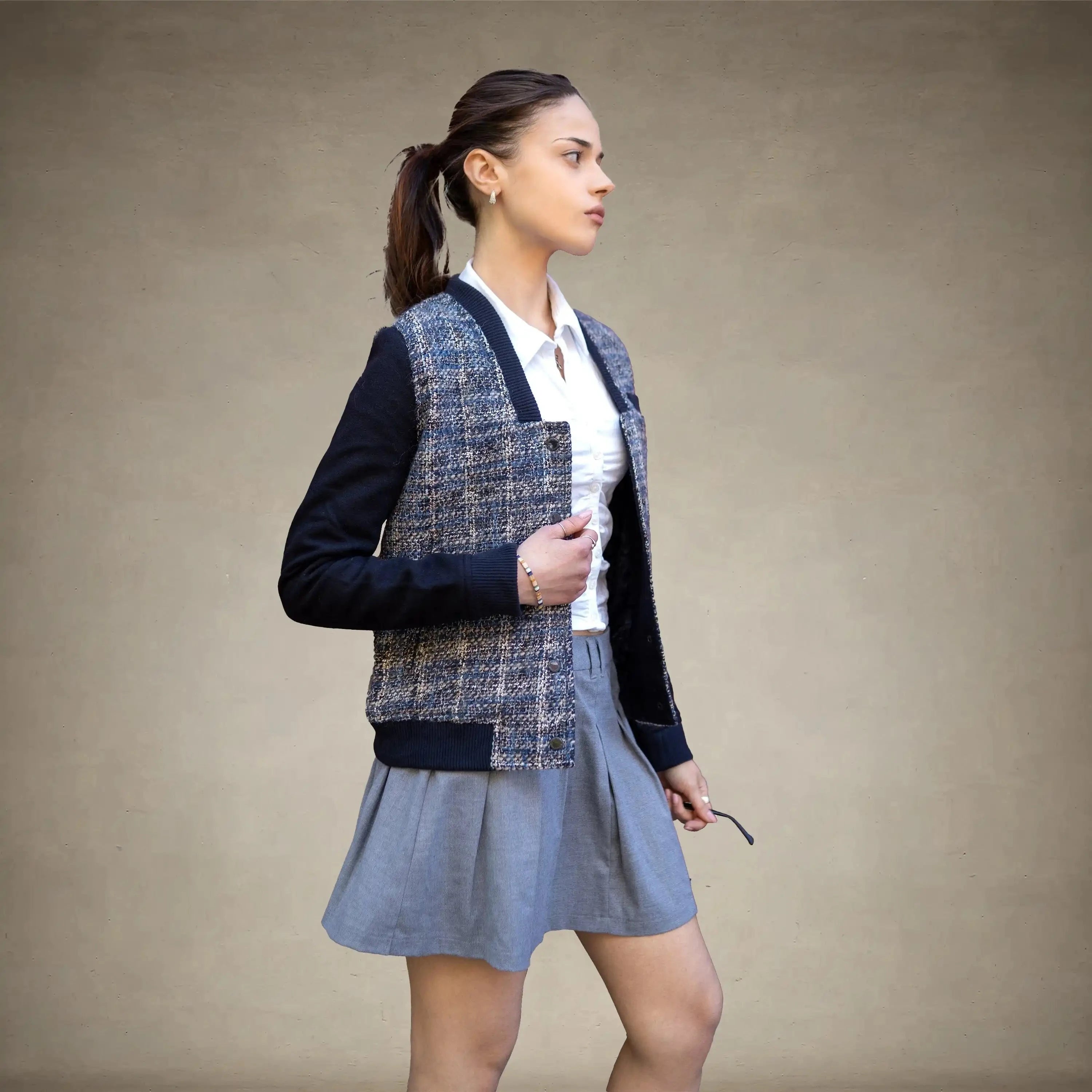 Women's Updated Tweed Varsity Jacket with Contrast Sleeve - FINAL SALE Womens Jacket Members Only®