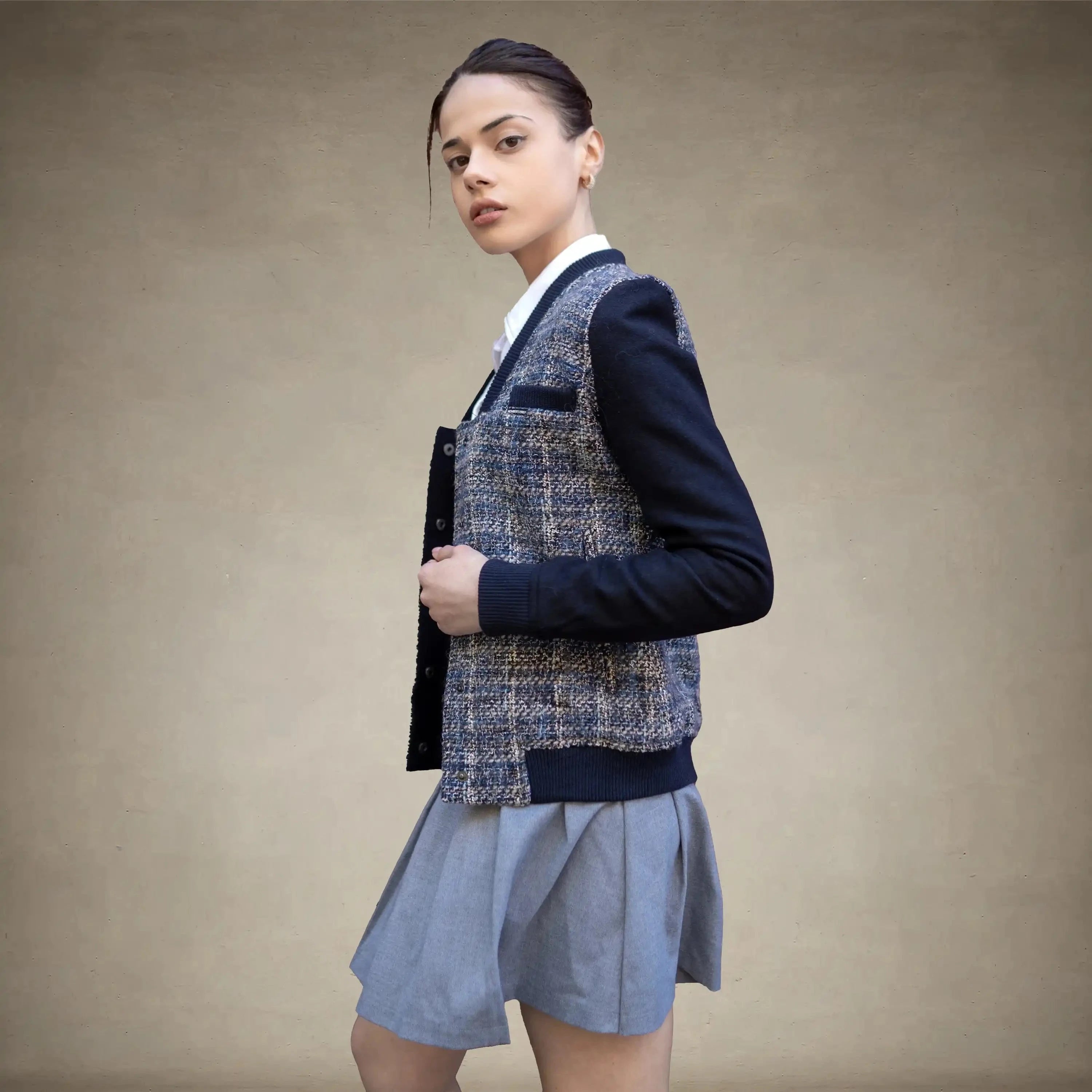 Women's Updated Tweed Varsity Jacket with Contrast Sleeve - FINAL SALE Womens Jacket Members Only®