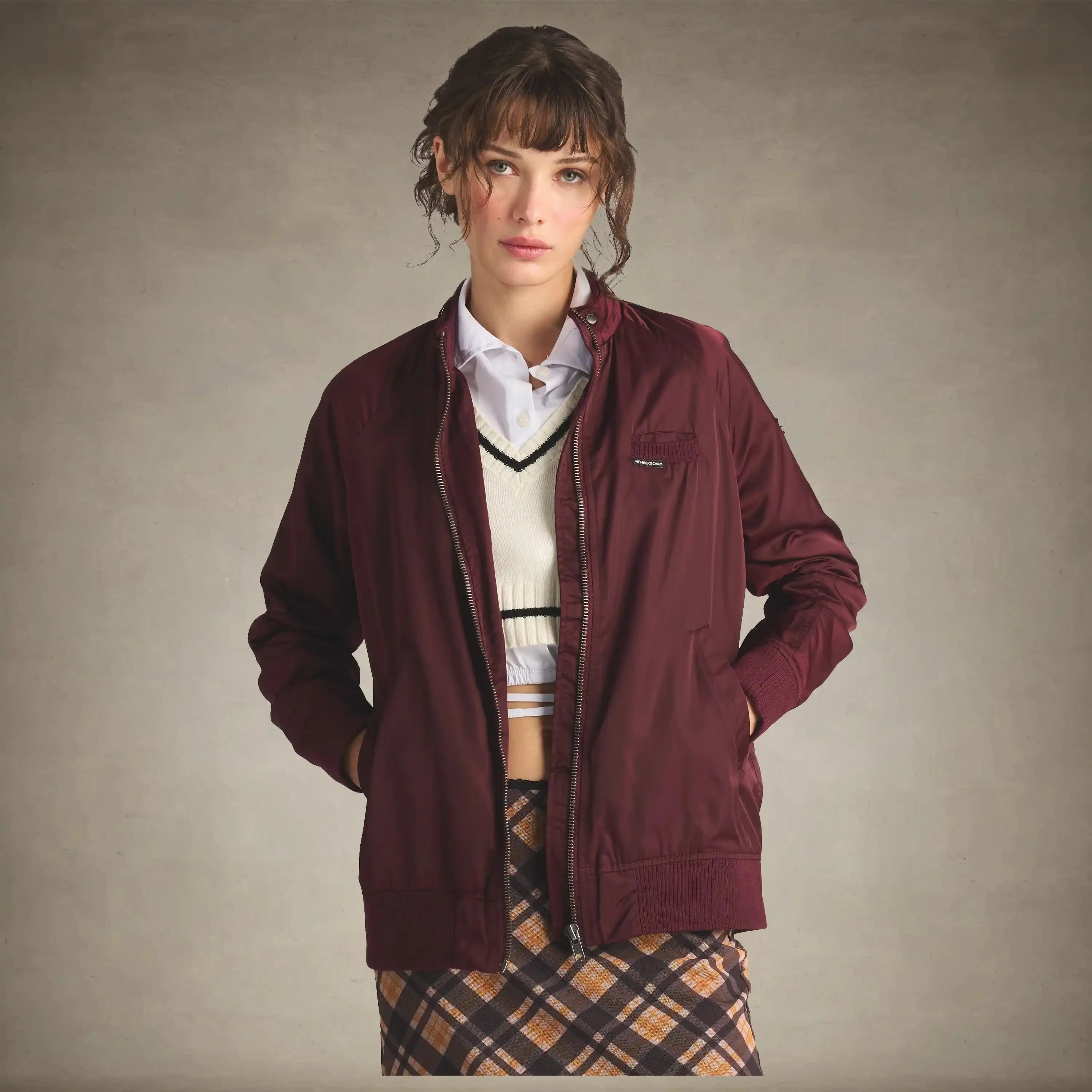 members only women's satin bomber jacket burgundy small