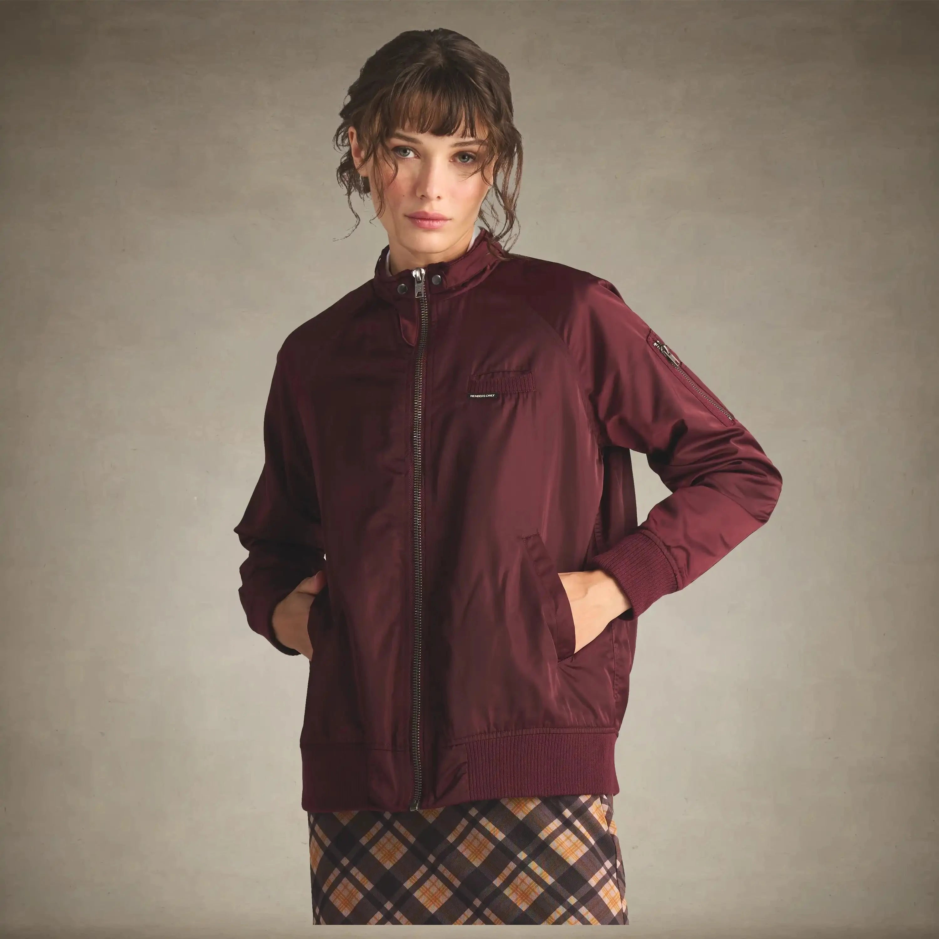 women's satin bomber jacket burgundy small