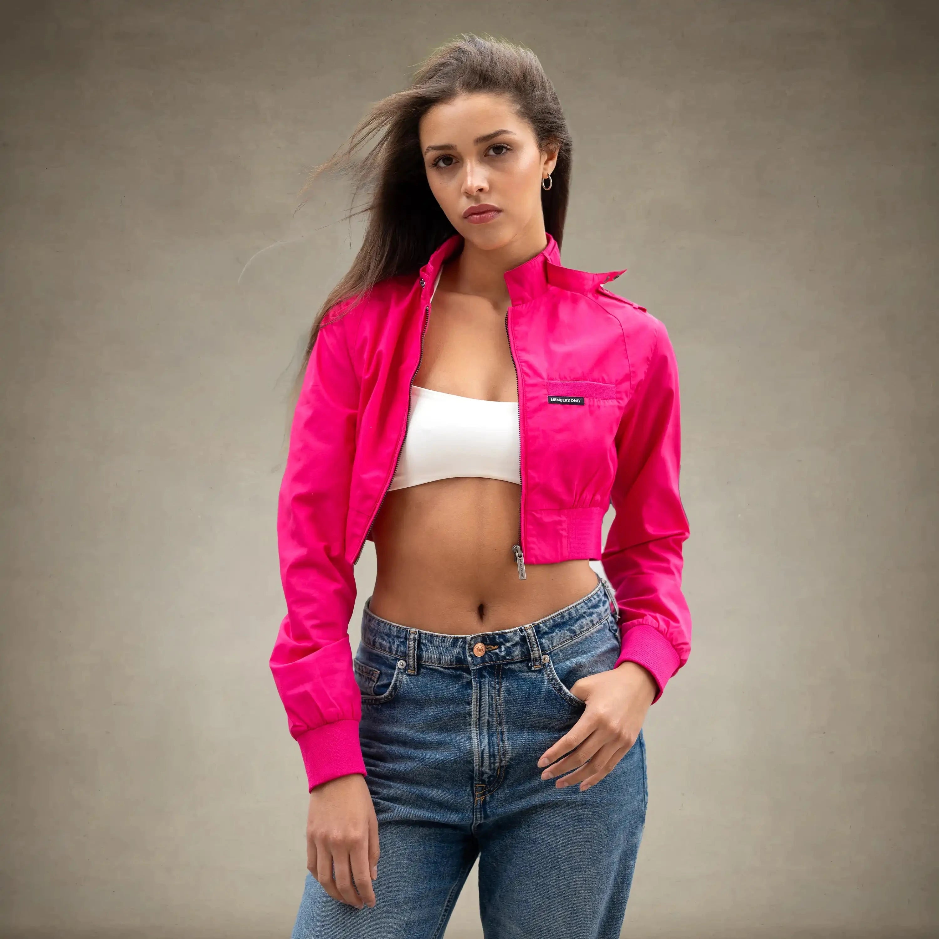 members only women's cropped racer jacket small hot-pink