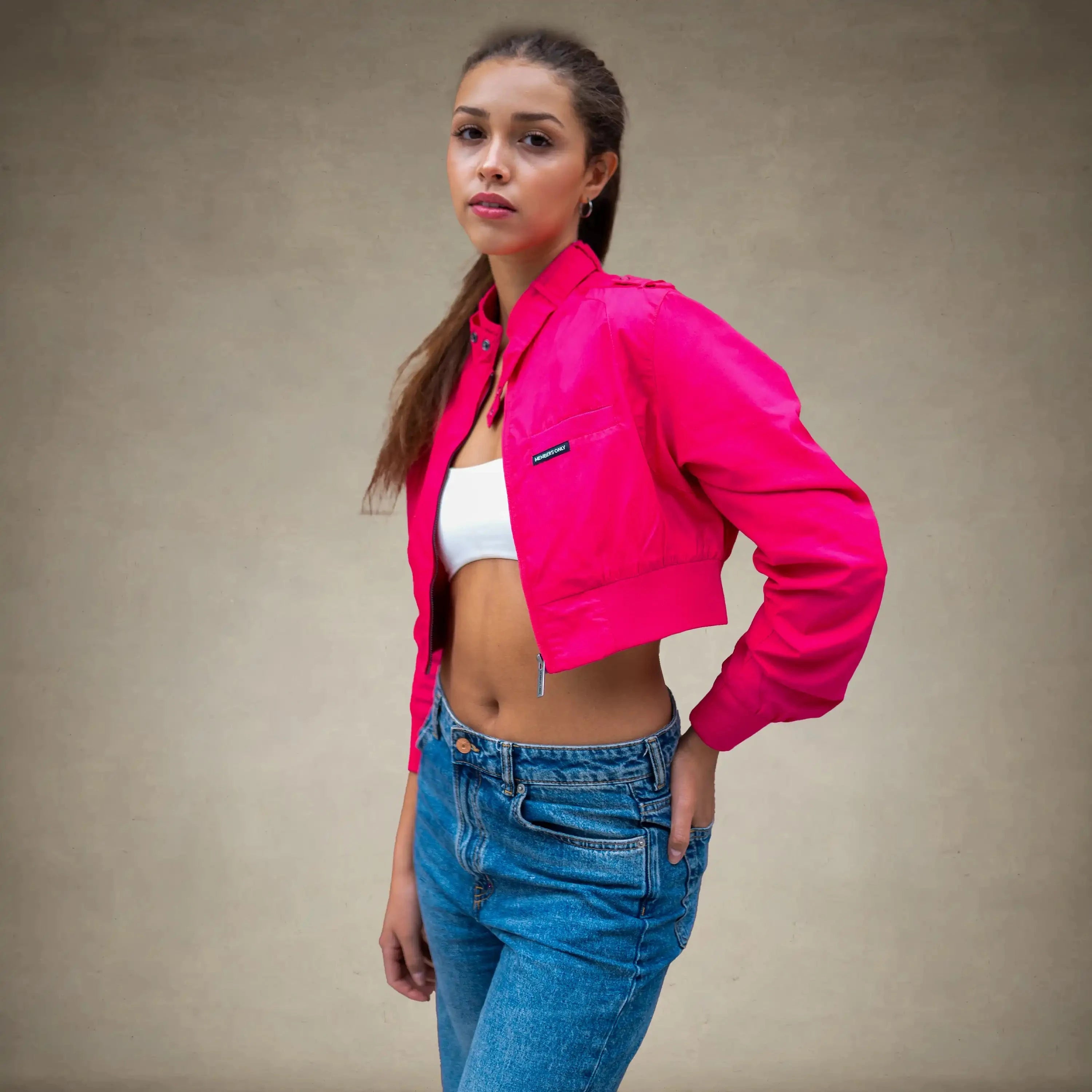 members only cropped racer jacket for women small hot-pink