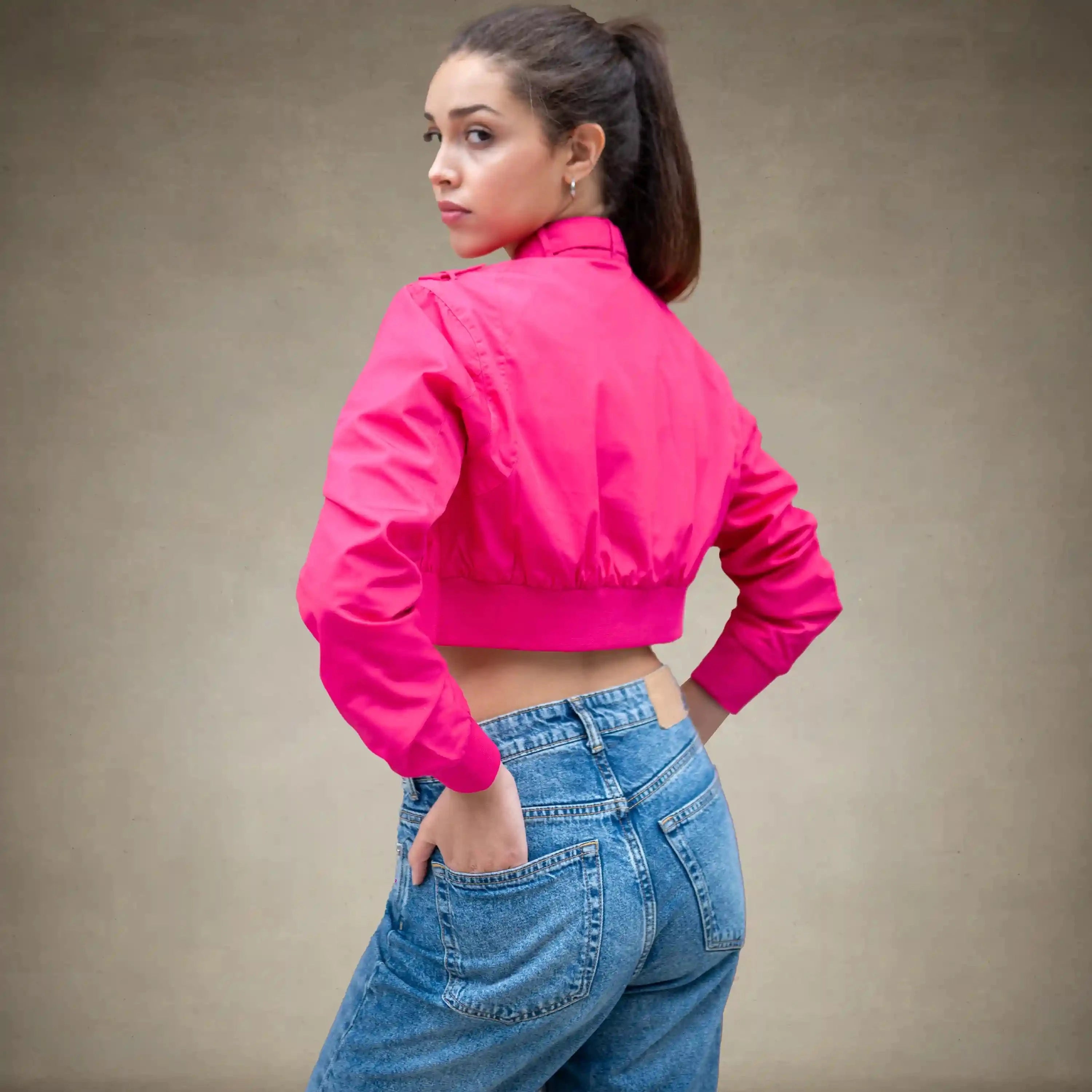 members only women's hot-pink cropped racer jacket small