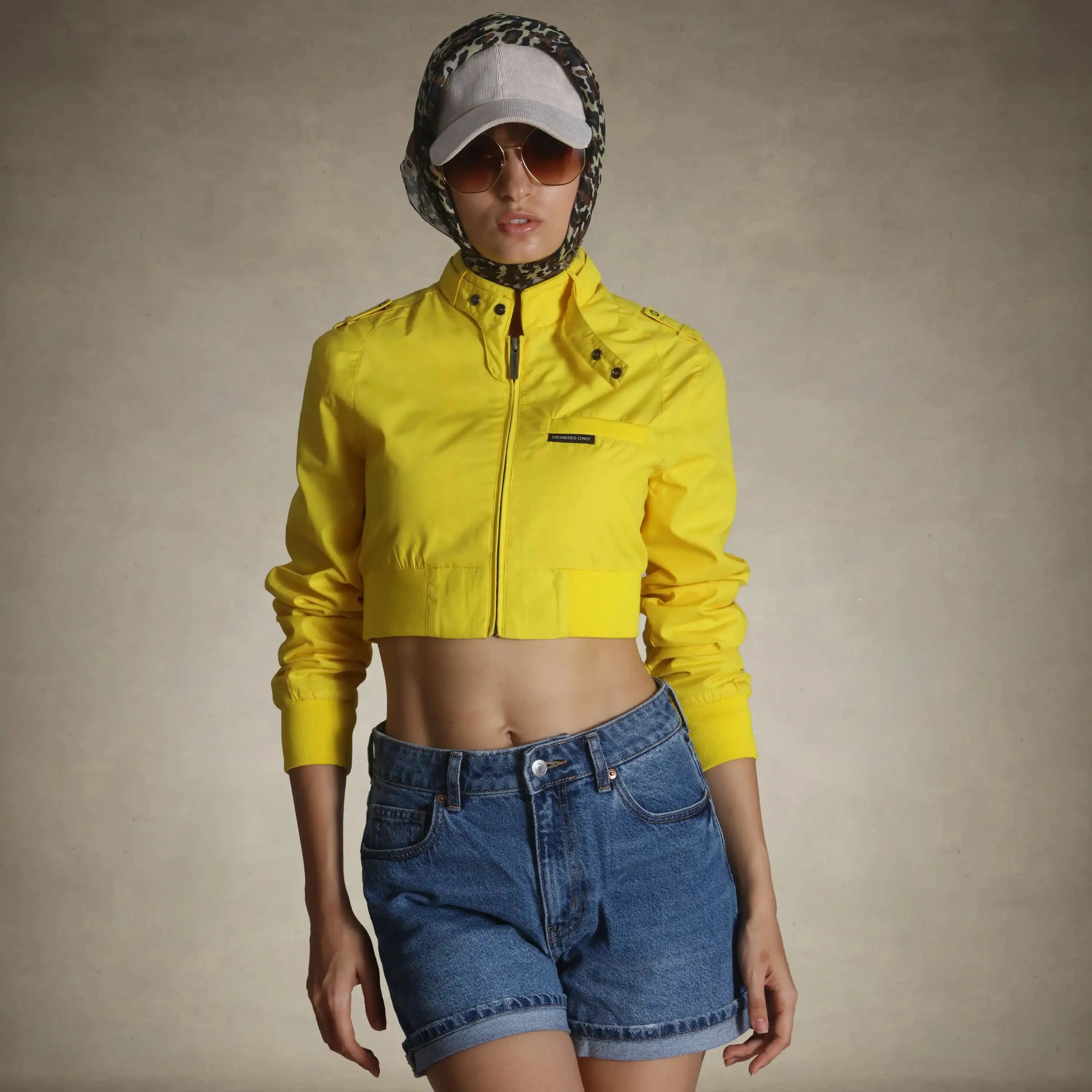 members only women's cropped racer jacket small yellow