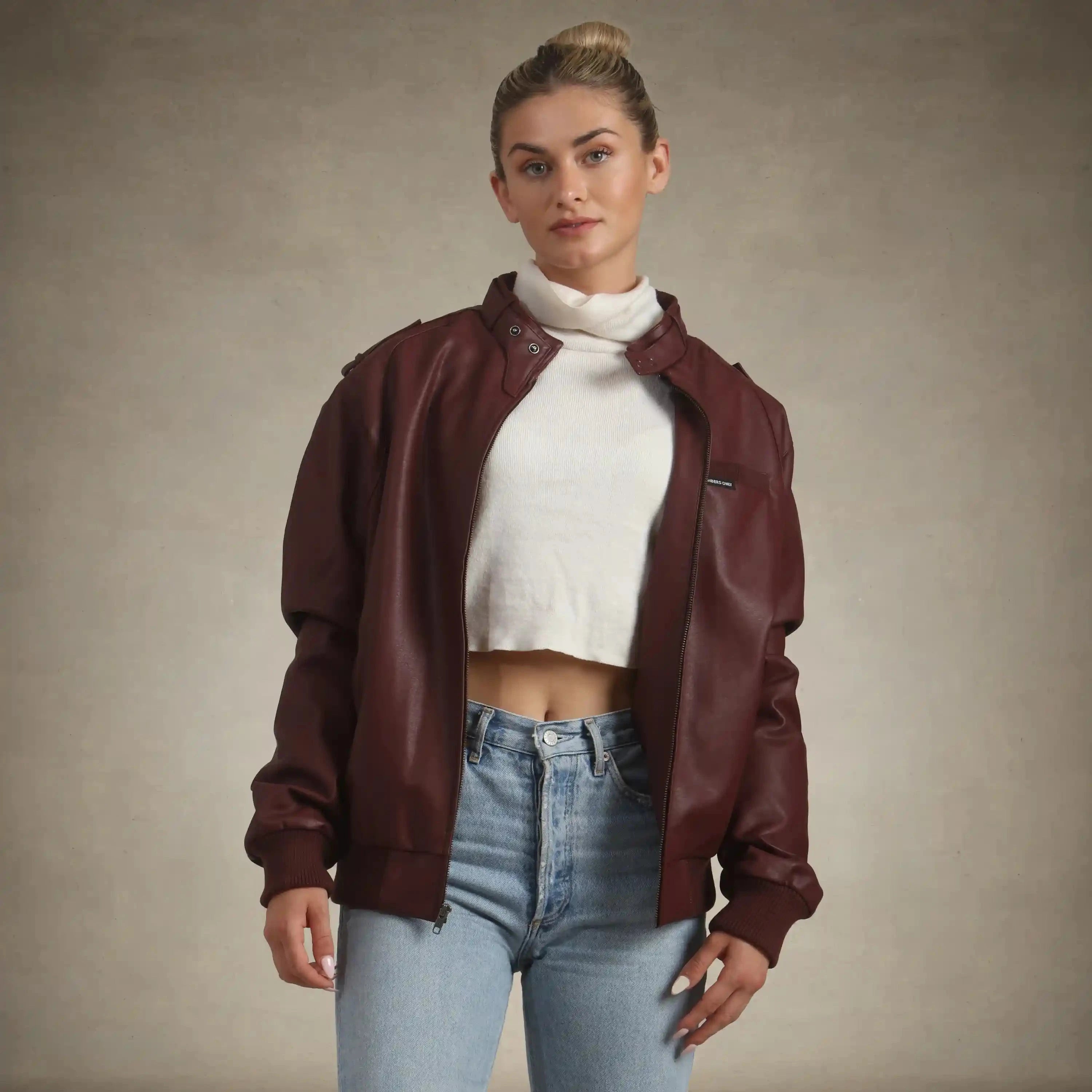 members only faux leather iconic racer jacket womens burgundy small
