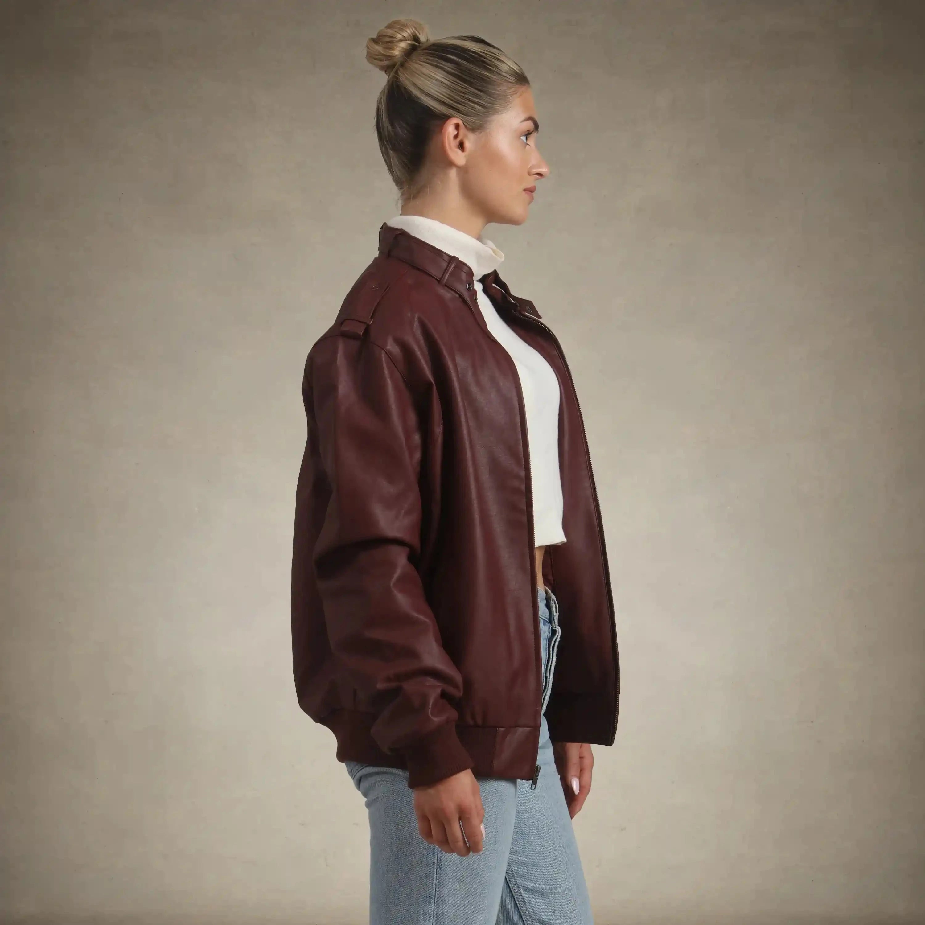members only faux leather iconic oversized racer jacket for women burgundy