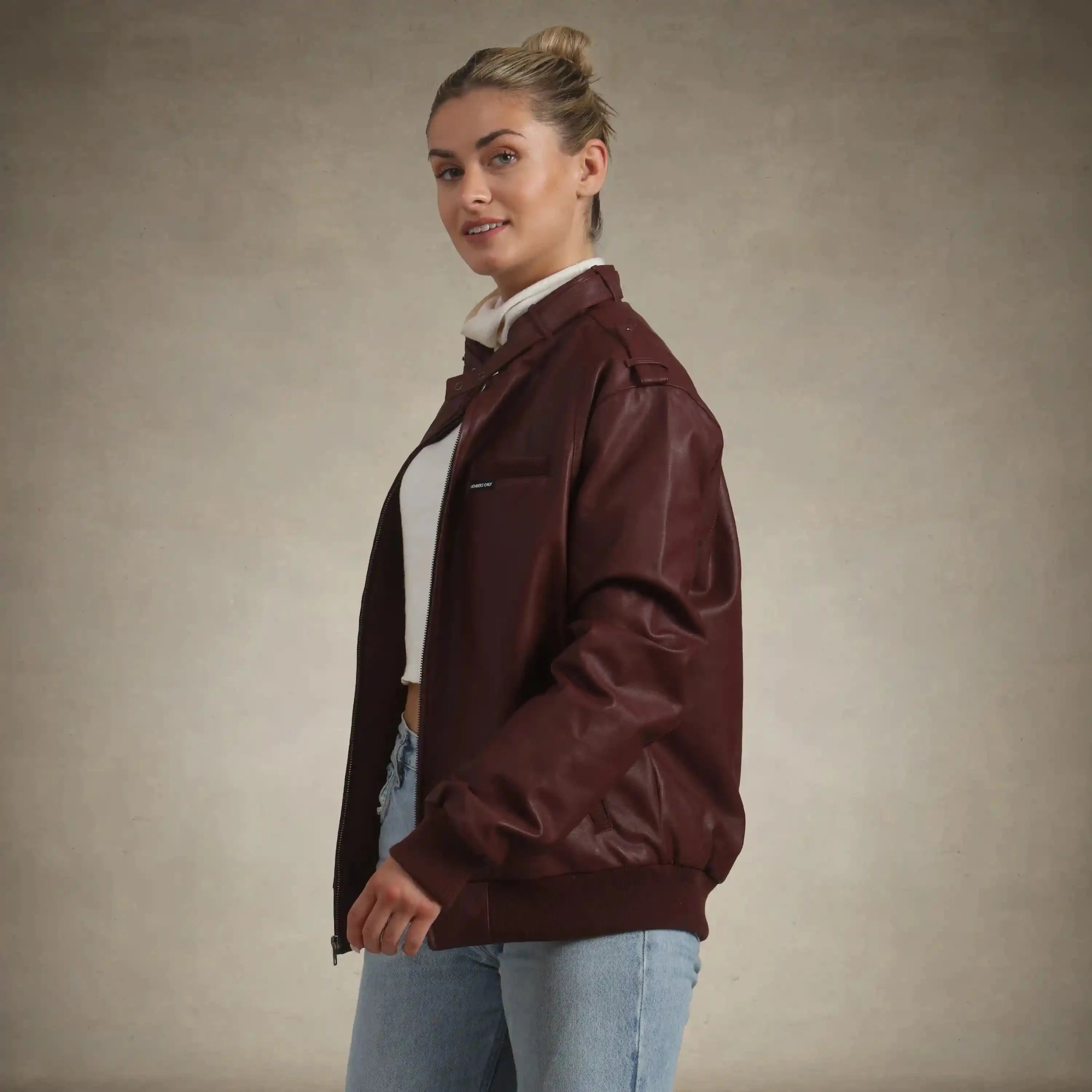 members only faux leather iconic oversized racer jacket for women burgundy small