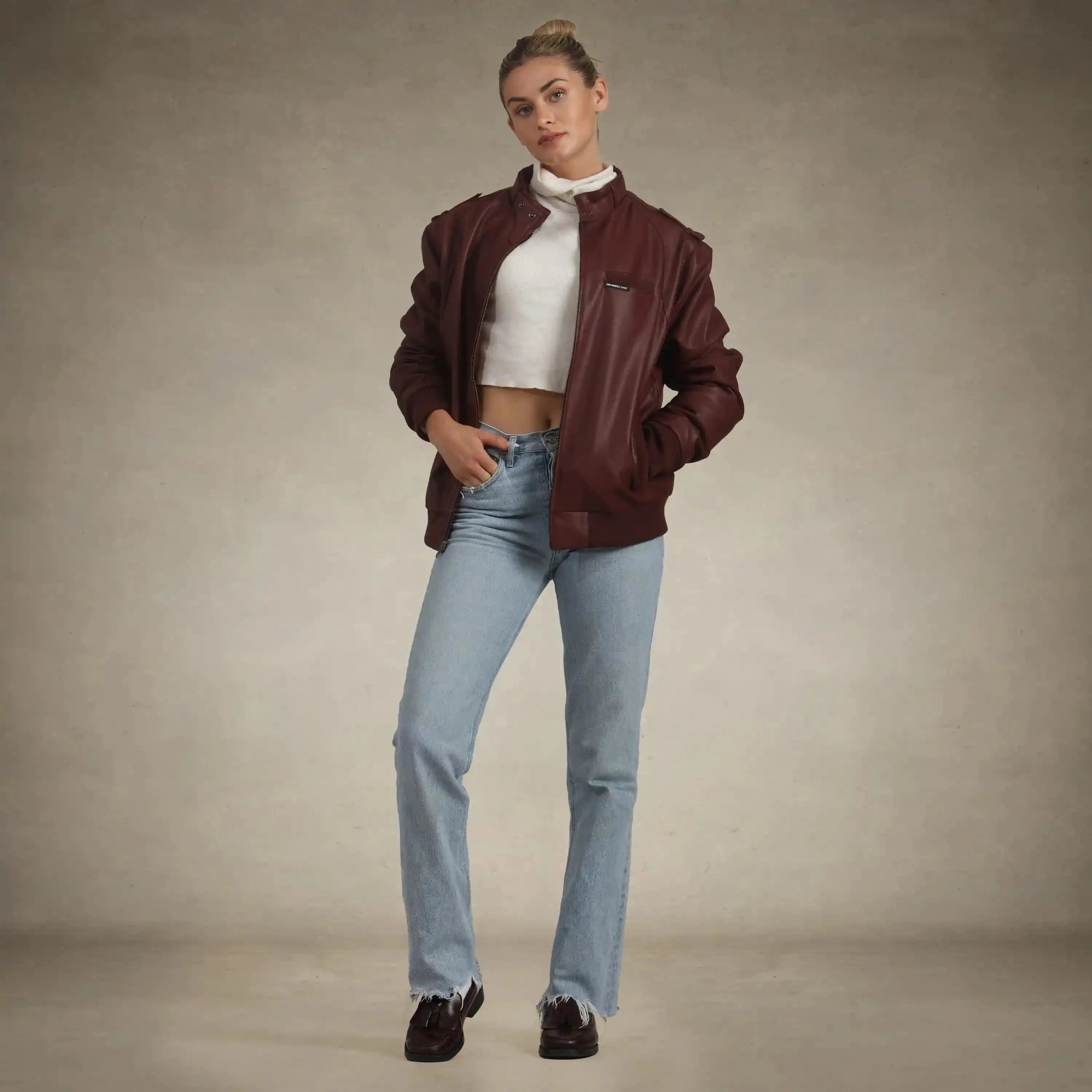 members only faux leather iconic oversized racer jacket women burgundy