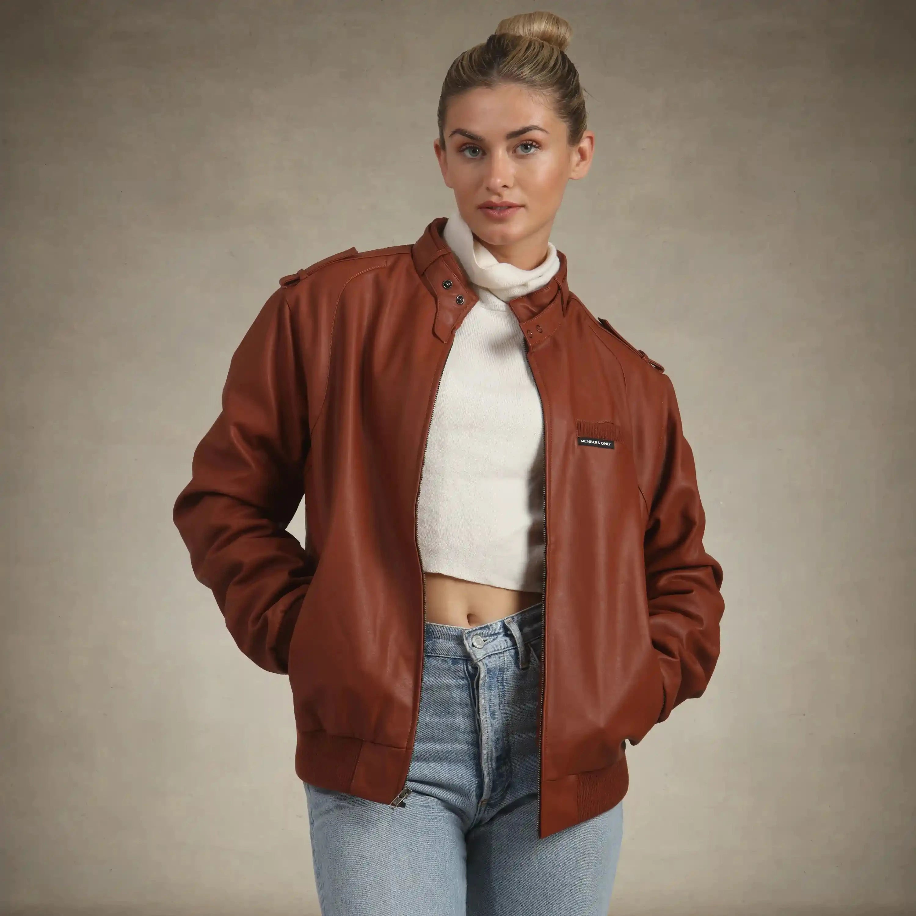 Women's Faux Leather Iconic Racer Oversized Jacket Women's Iconic Jacket Members Only® Cognac Small