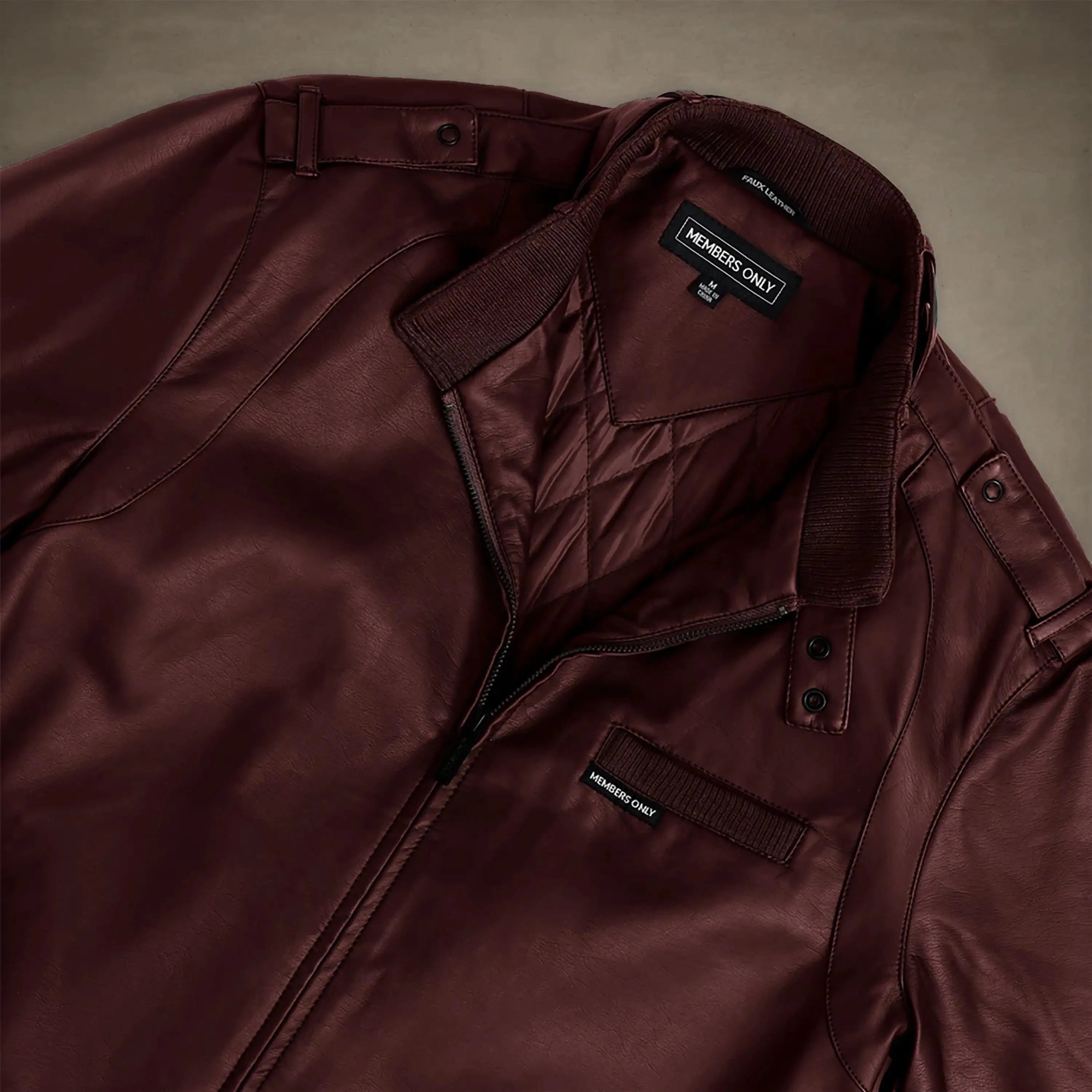members only faux leather iconic racer jacket mens burgundy