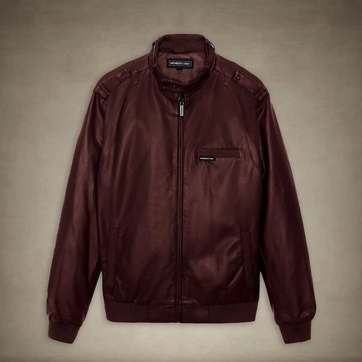 members only women's faux leather iconic racer jacket burgundy small