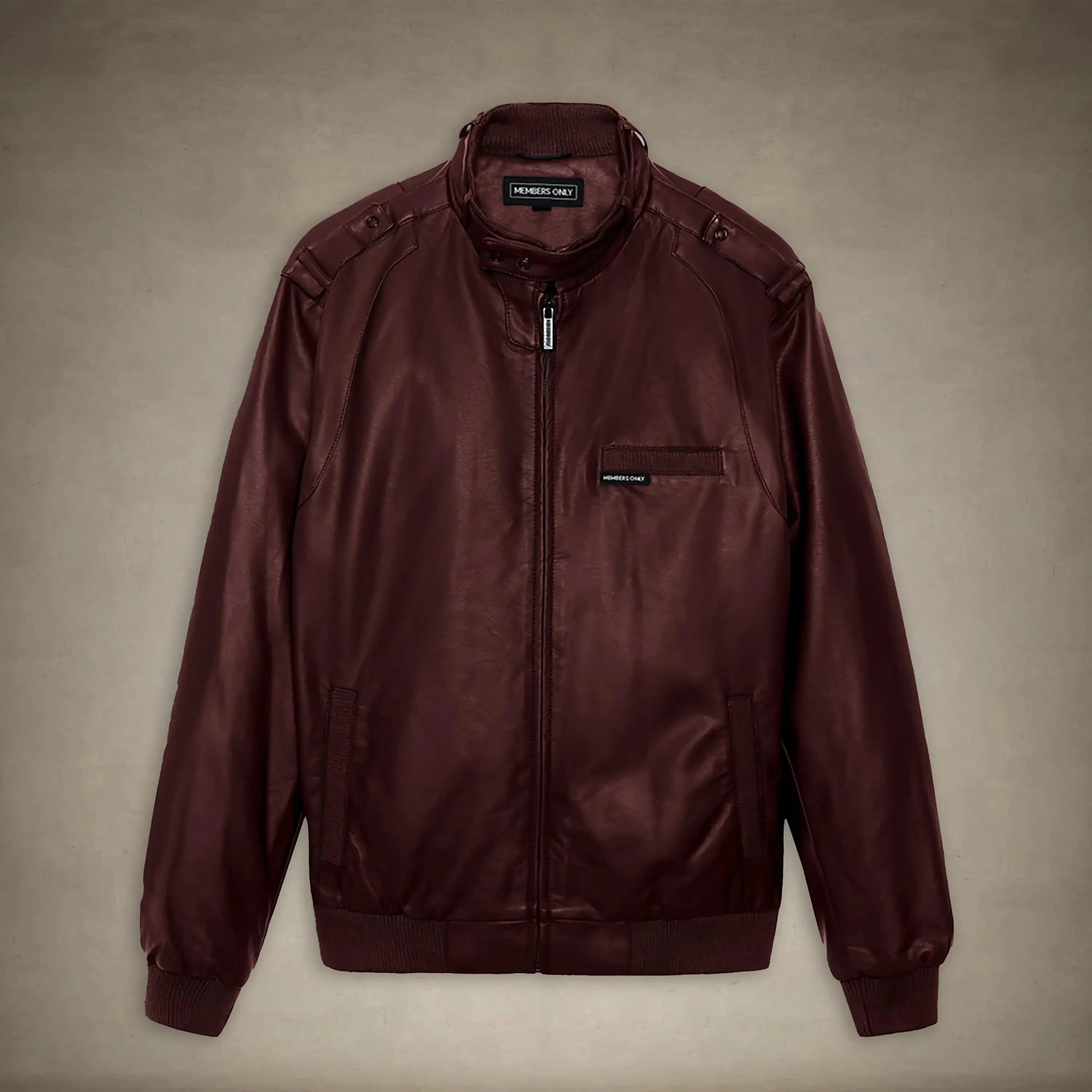 members only men's faux leather iconic racer jacket burgundy small