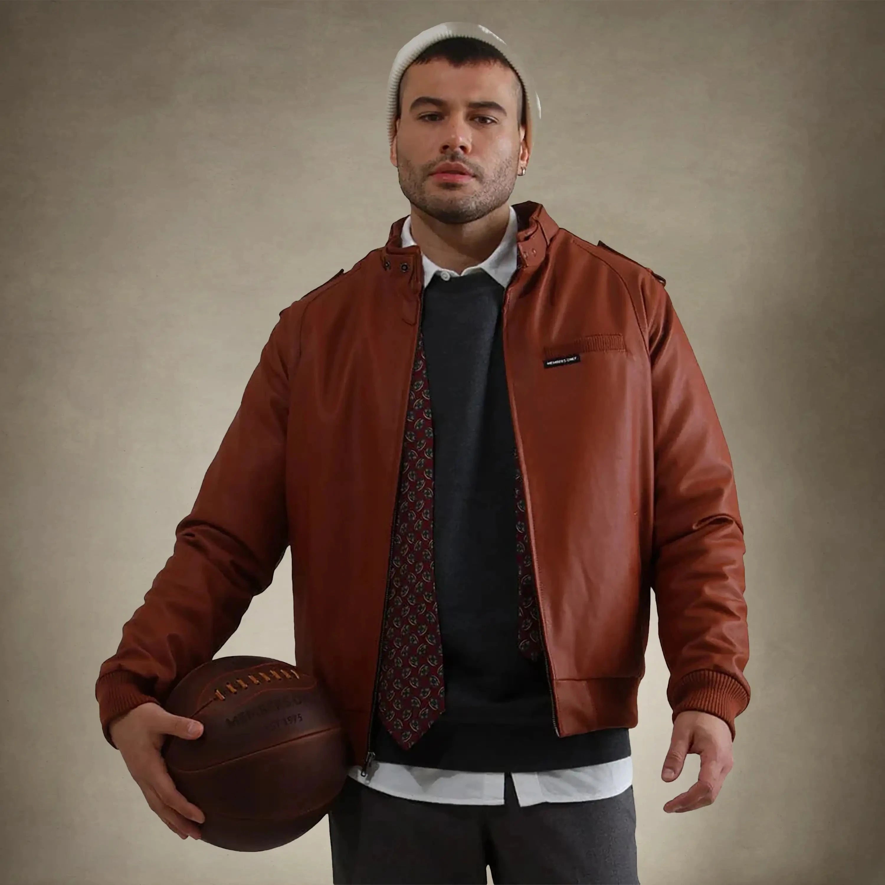 members only leather bomber jacket cognac small