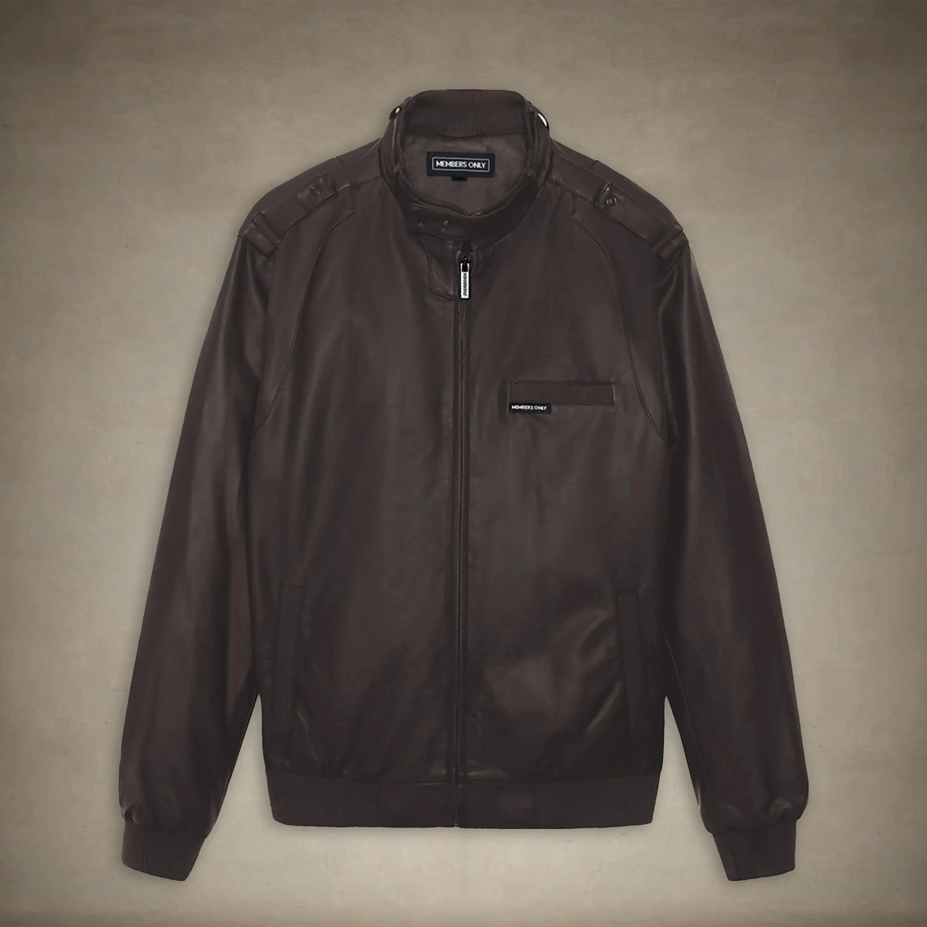 members only dark brown faux leather iconic racer jacket mens small