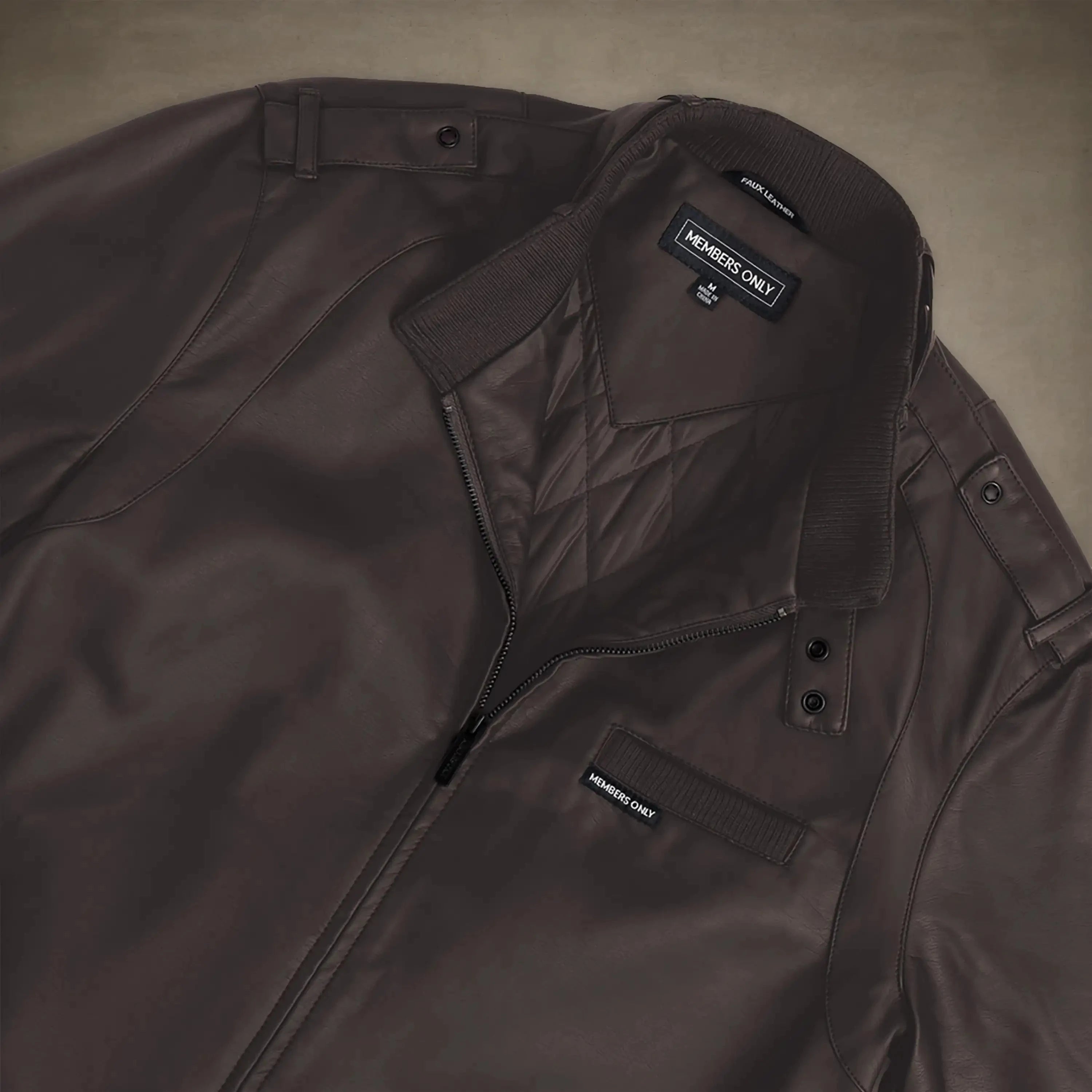 members only dark brown faux leather iconic racer jacket for women