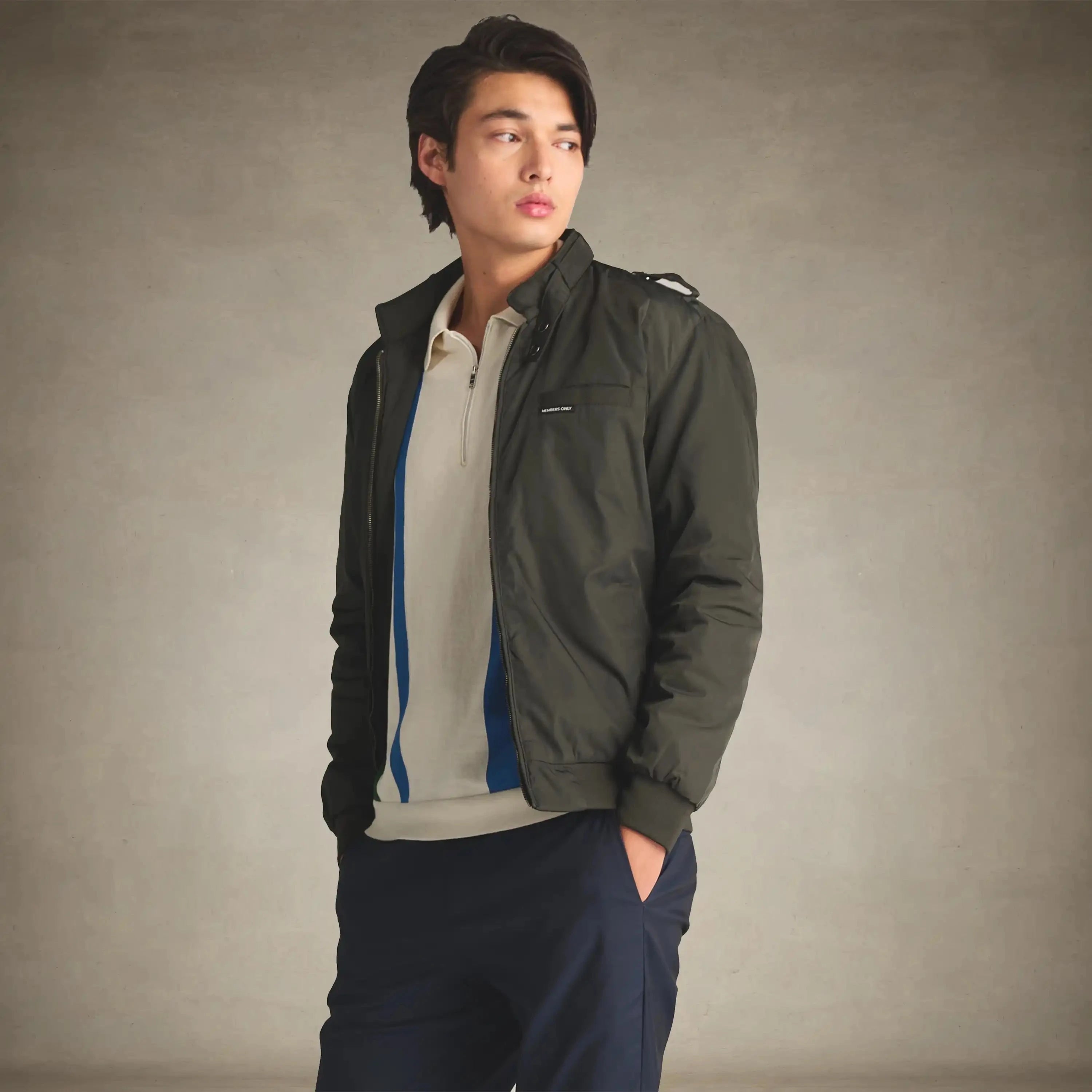 members only men's quilted iconic racer jacket small dark green