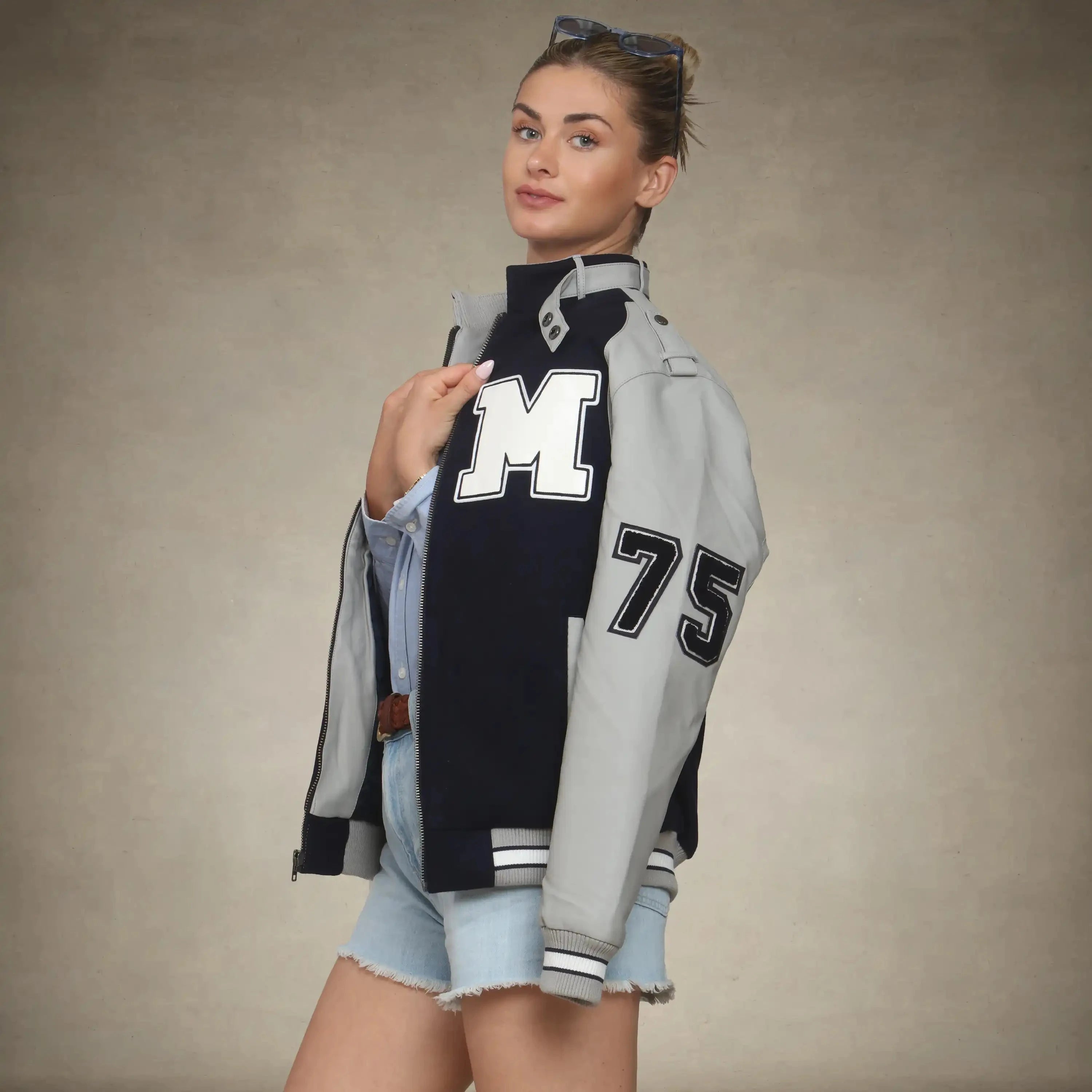 members only women's oversized navy varsity jacket