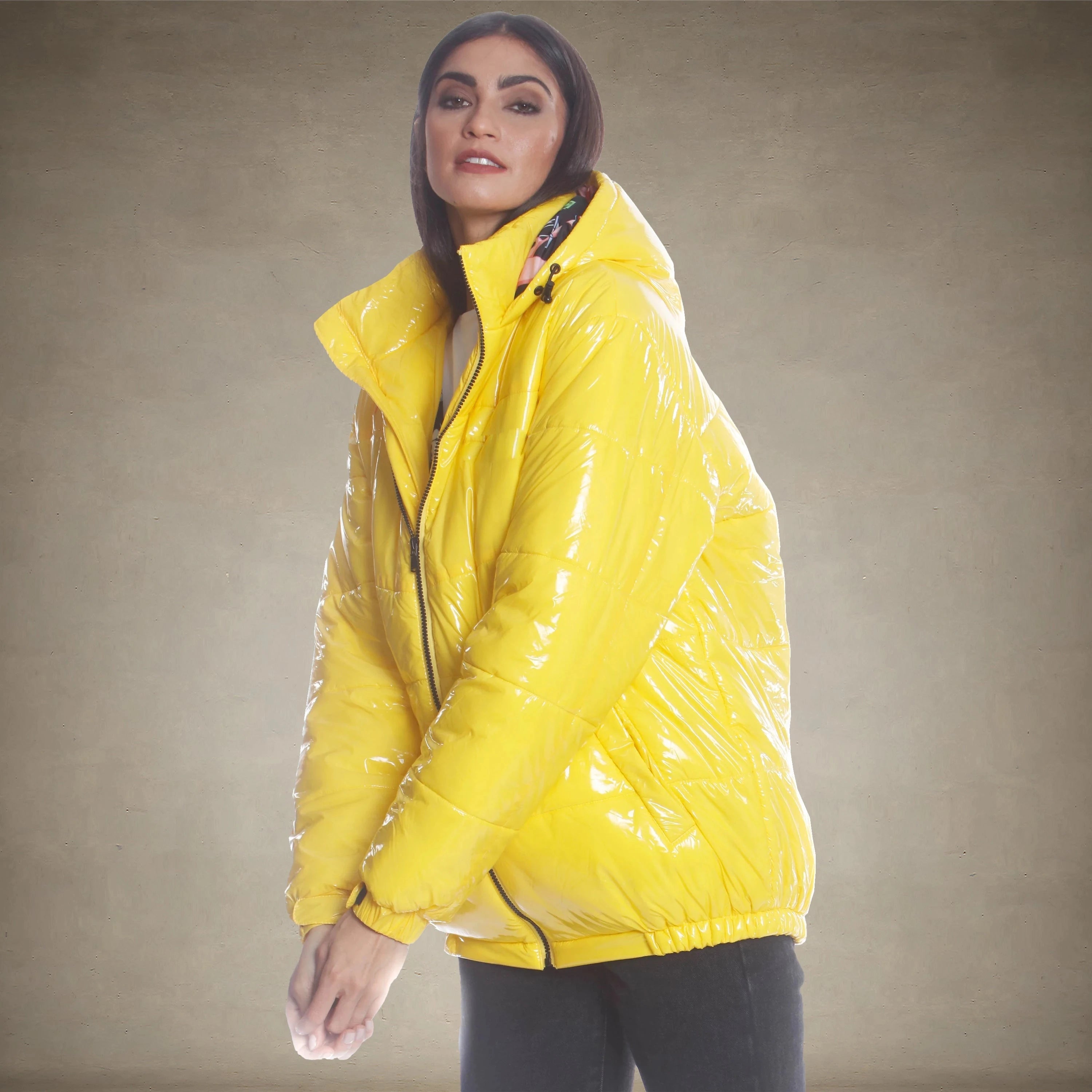 Women's Hi-Shine Chevron Quilt Puffer with Nickelodeon Mashup Print Lining Jacket - FINAL SALE Womens Jacket Members Only® Yellow SMALL