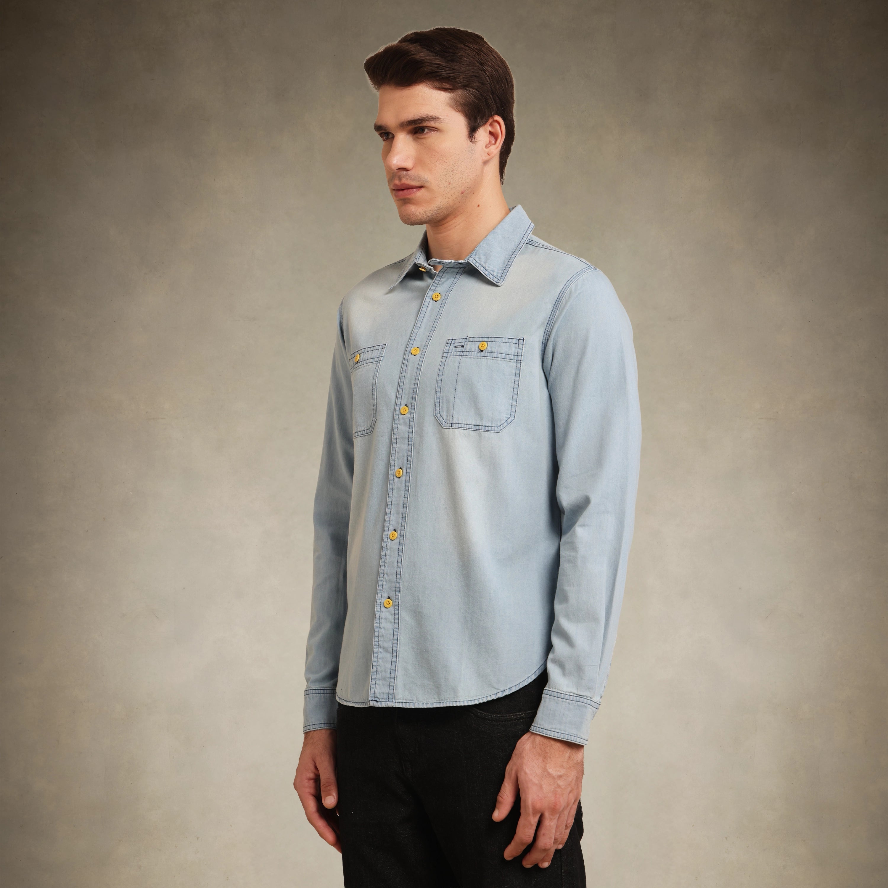 Classic long sleeve denim shirt for men