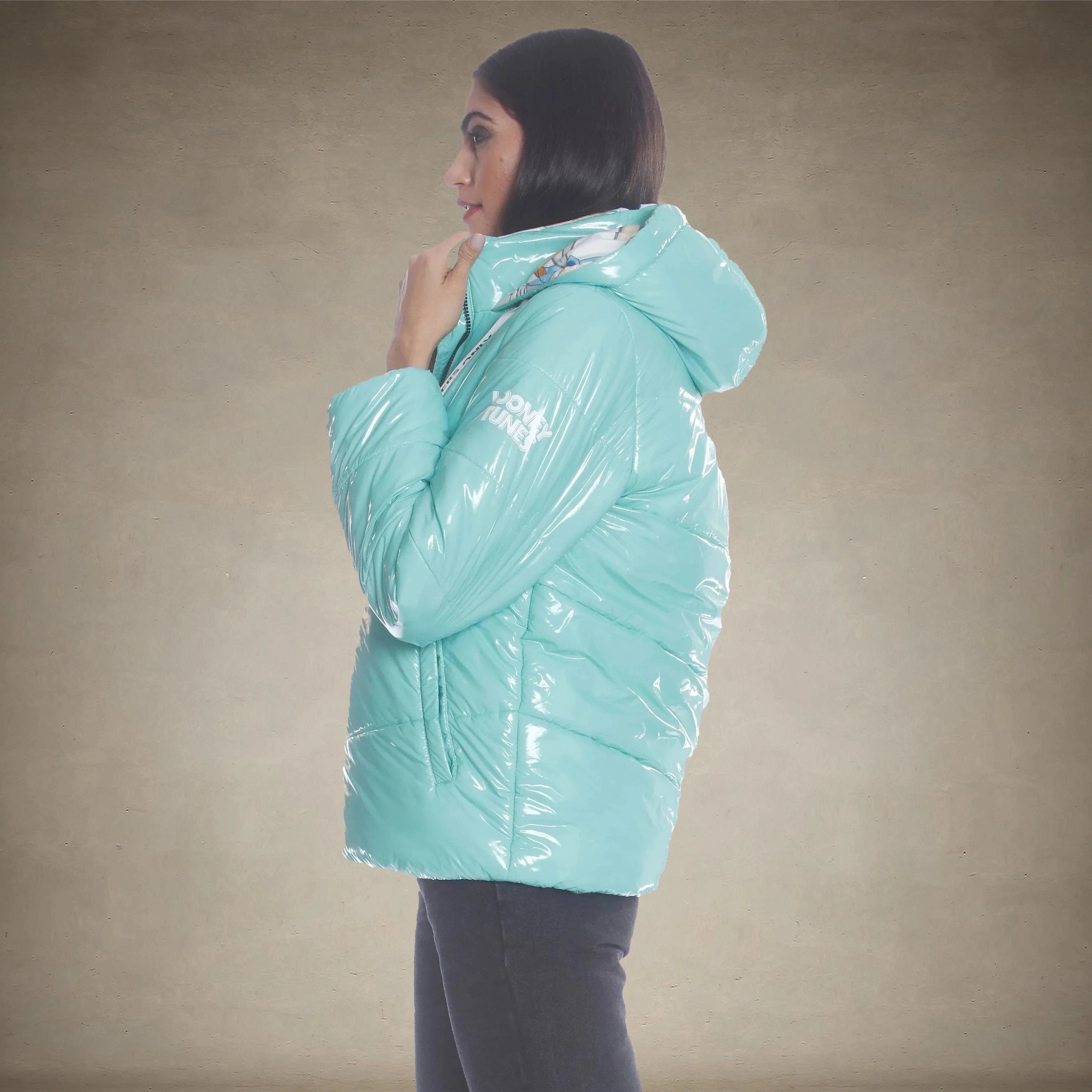 Women's Hi-Shine Chevron Quilt Puffer with Looney Tunes Mashup Print Lining - FINAL SALE Womens Jacket Members Only®