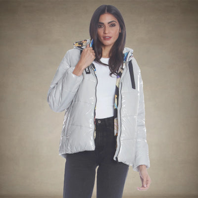 Women's Hi-Shine Chevron Quilt Puffer with Looney Tunes Mashup Print Lining - FINAL SALE Womens Jacket Members Only® Silver SMALL