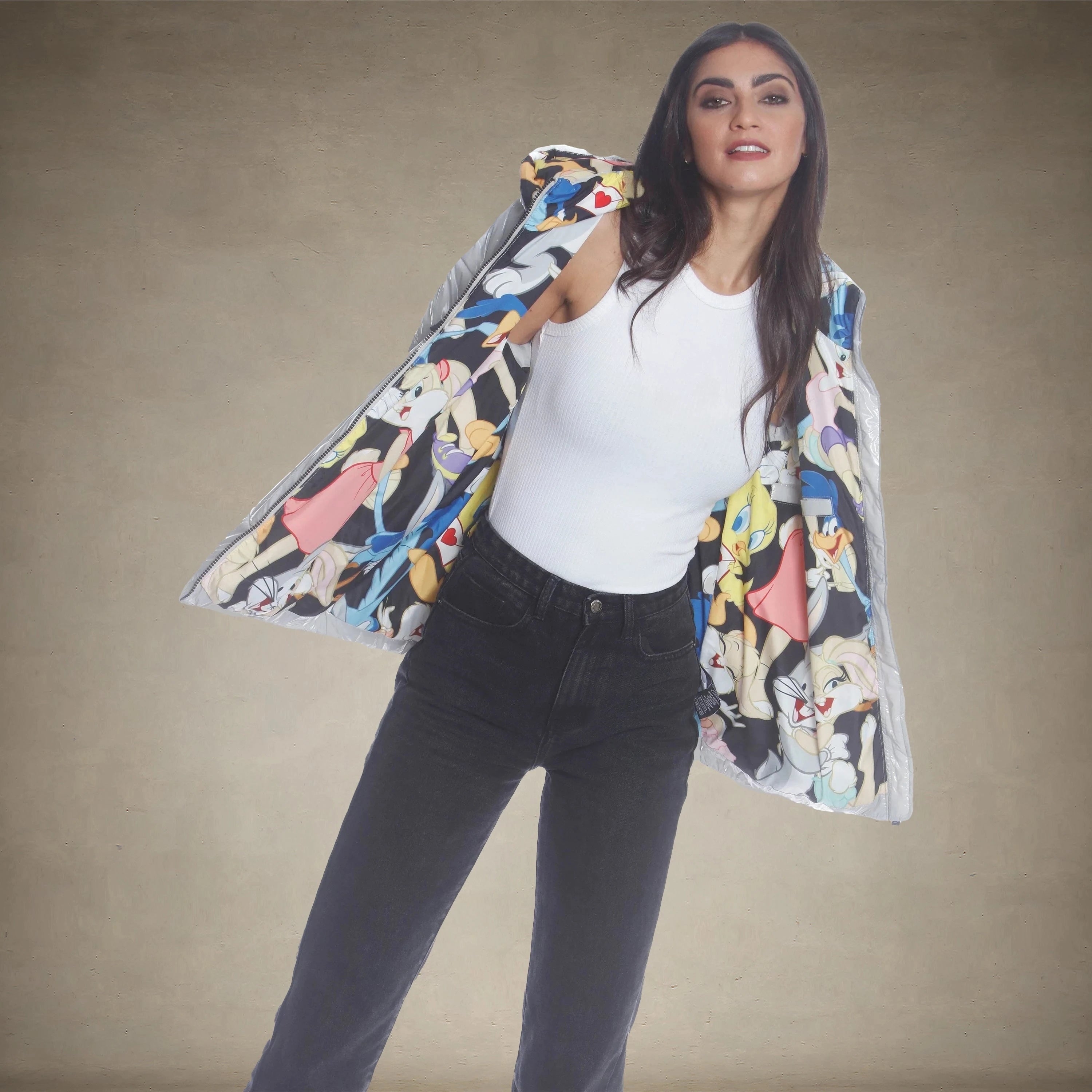Women's Hi-Shine Chevron Quilt Puffer with Looney Tunes Mashup Print Lining - FINAL SALE Womens Jacket Members Only®