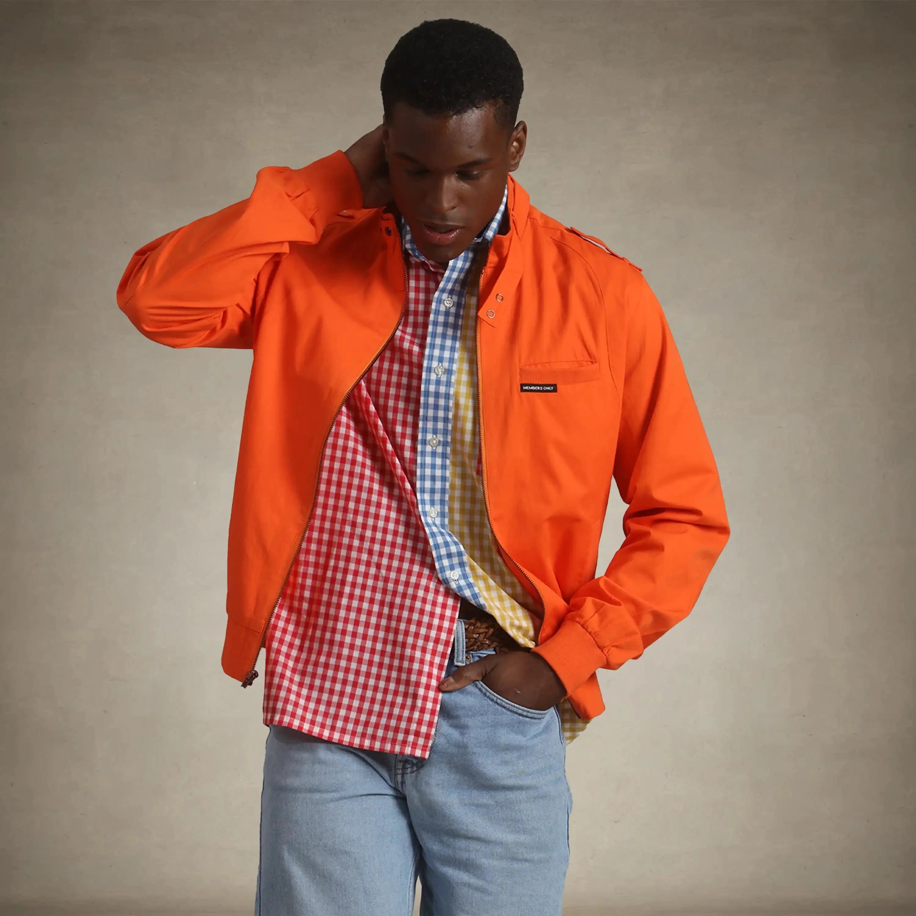 members only men's classic iconic racer jacket orange small