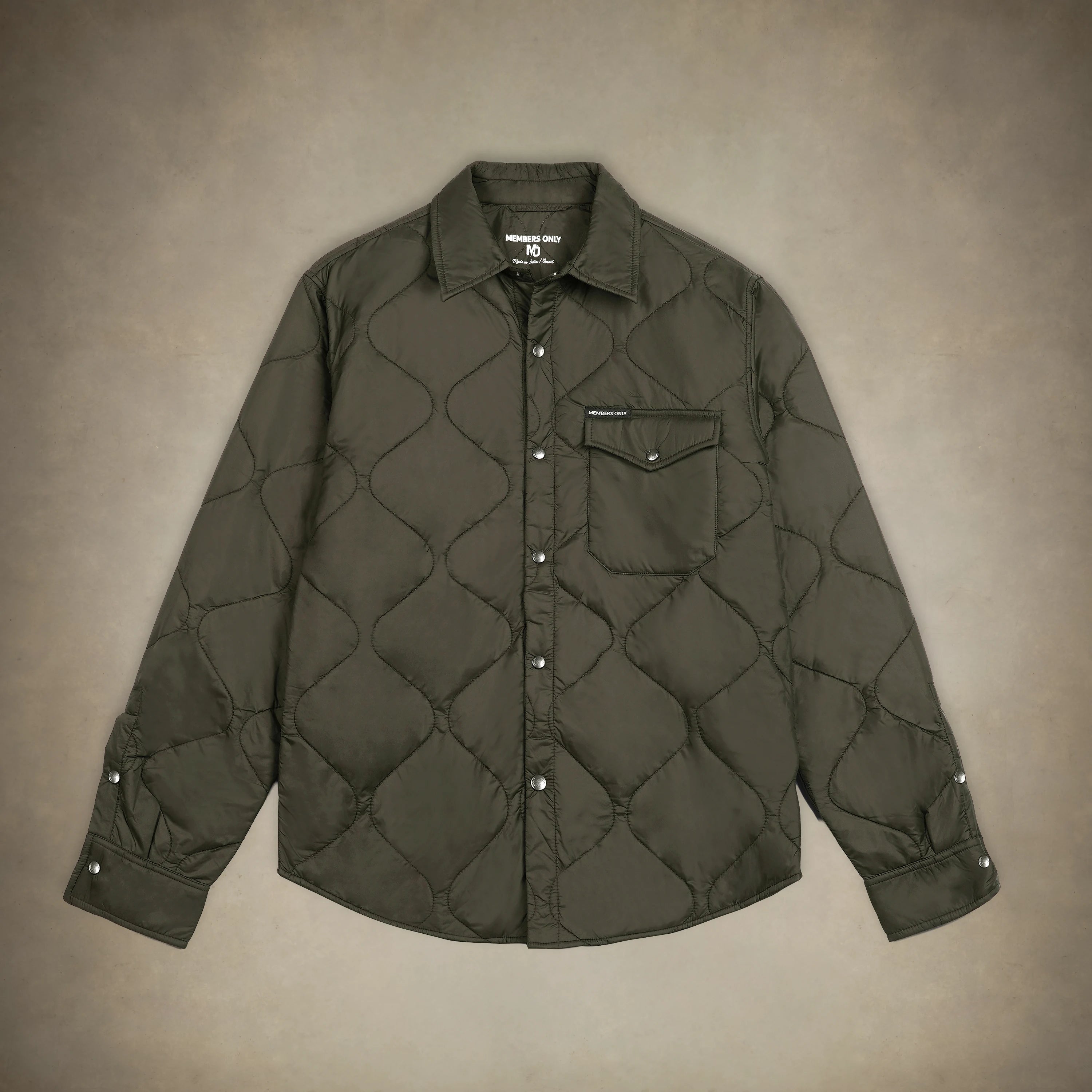 members only olive quilted shirt jacket for men