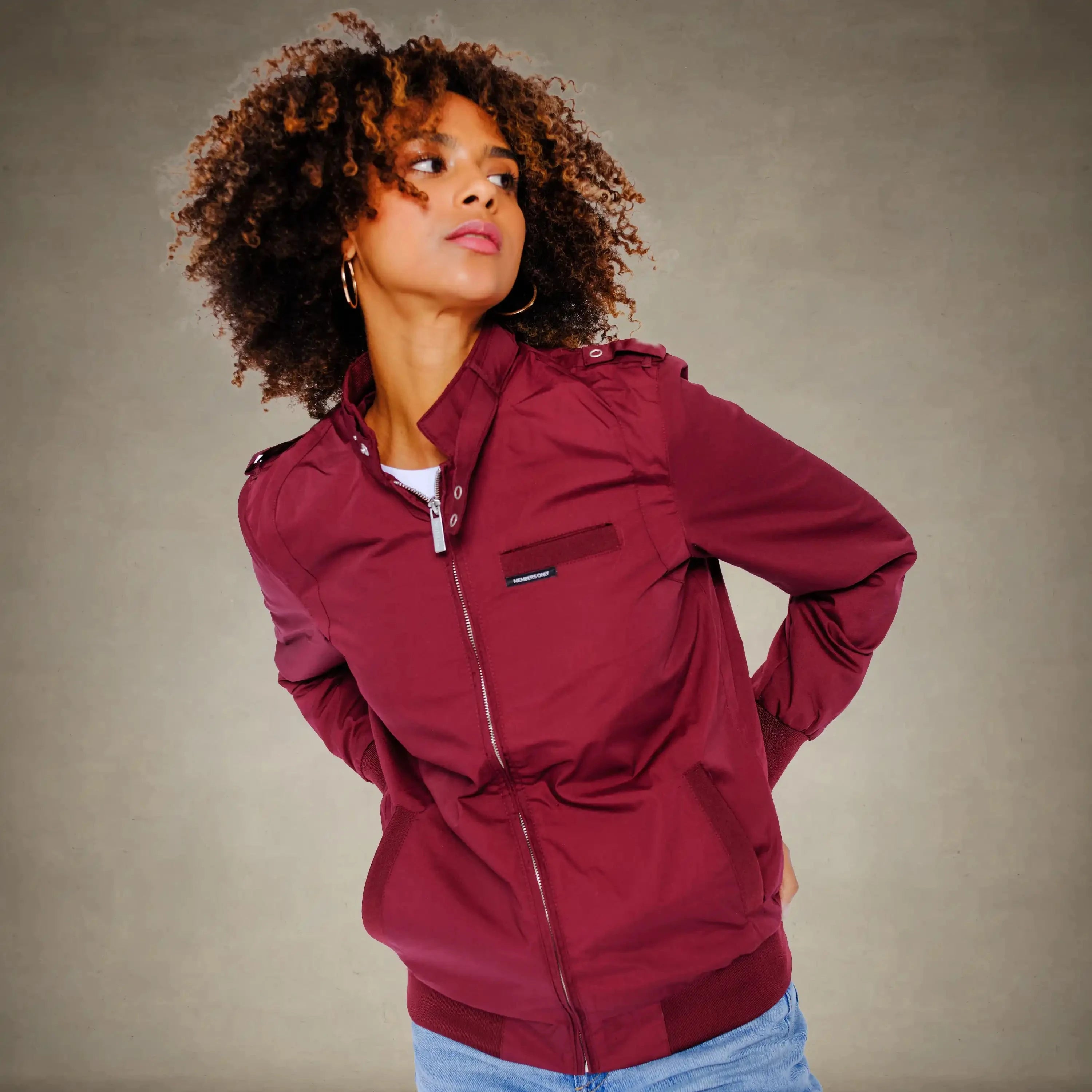 members only burgundy oversized racer jacket for women