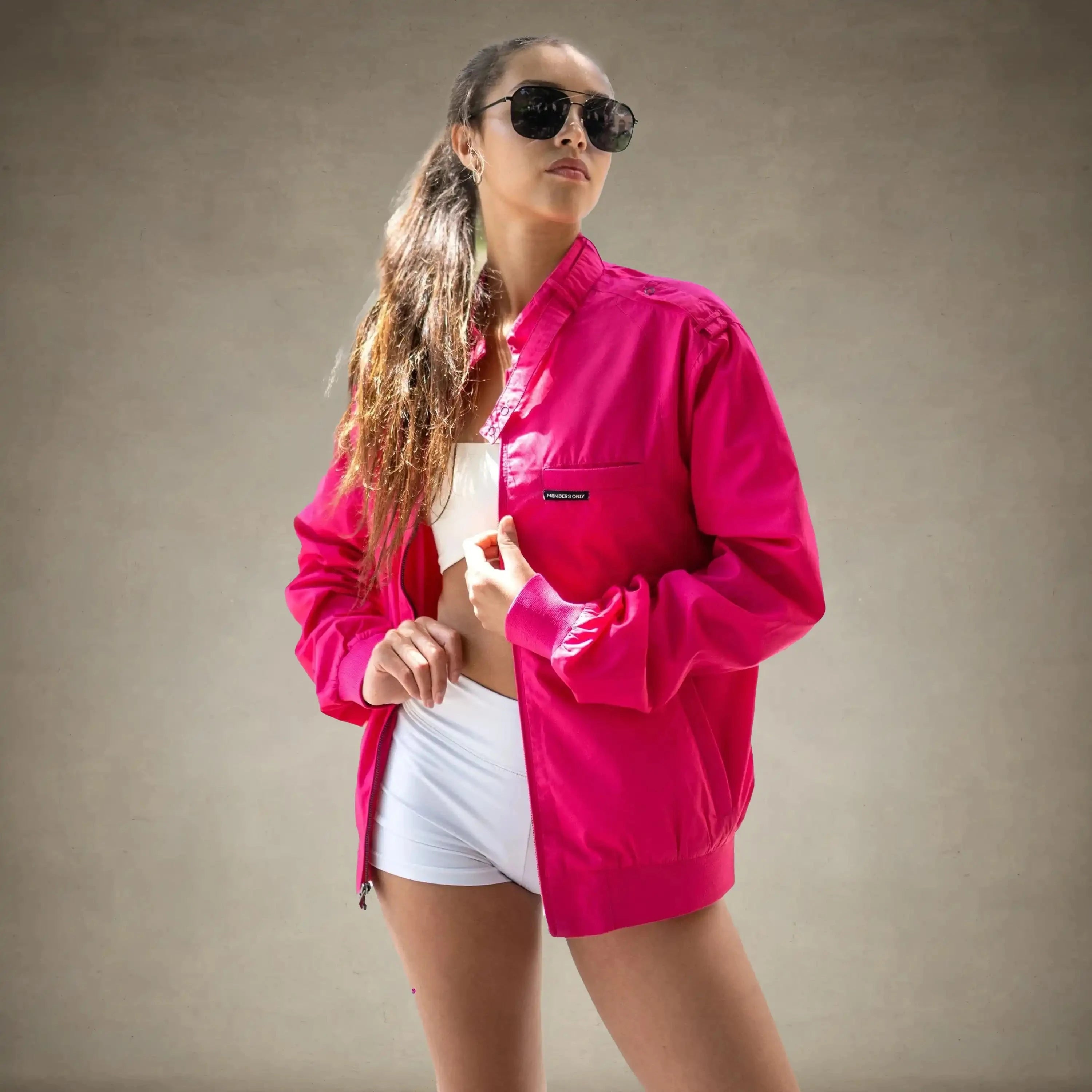 members only oversized iconic racer jacket for women hot pink