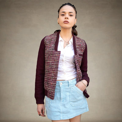 Women's Updated Tweed Varsity Jacket with Contrast Sleeve - FINAL SALE Womens Jacket Members Only® Burgundy X-Small 