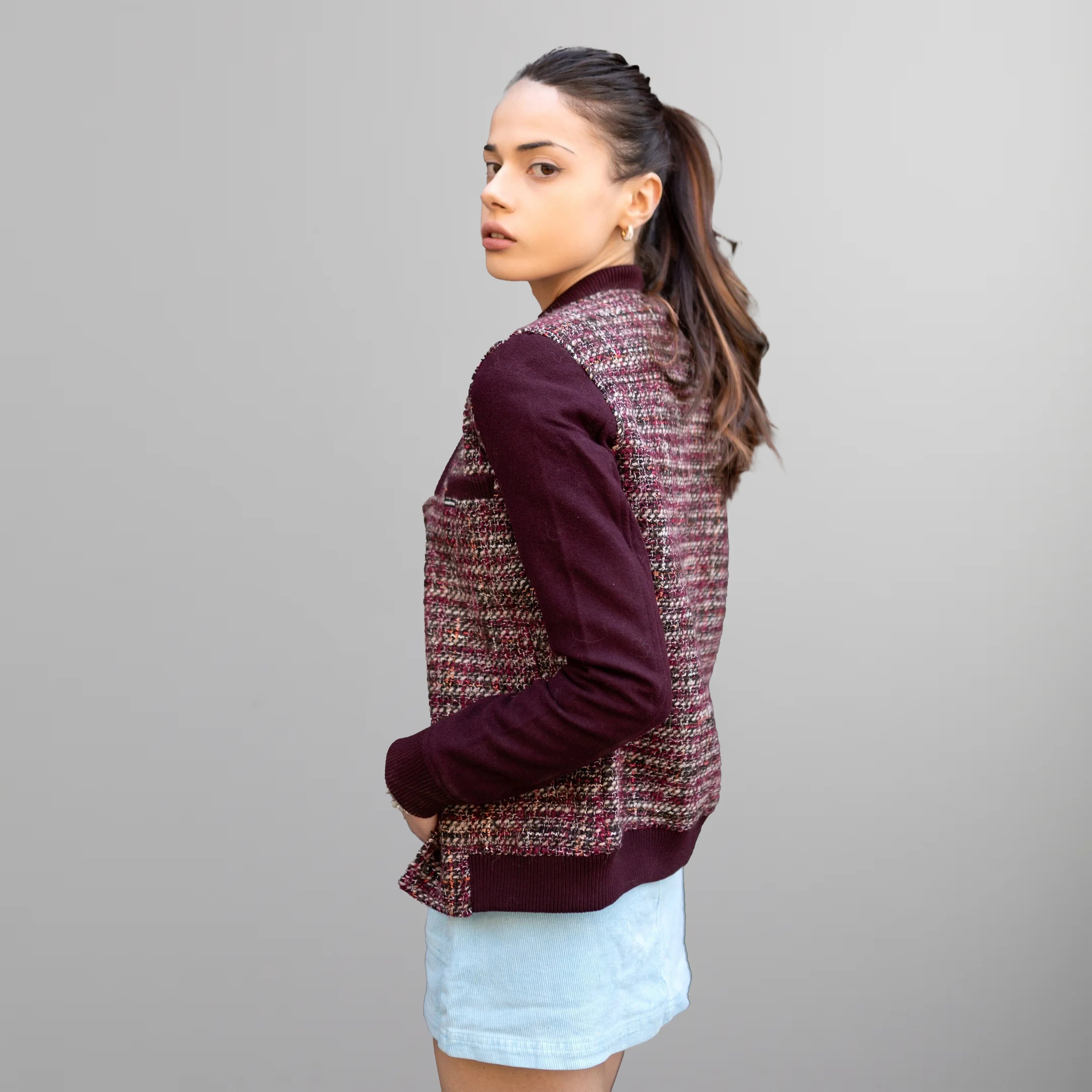 Women's Updated Tweed Varsity Jacket with Contrast Sleeve Womens Jacket Members Only 