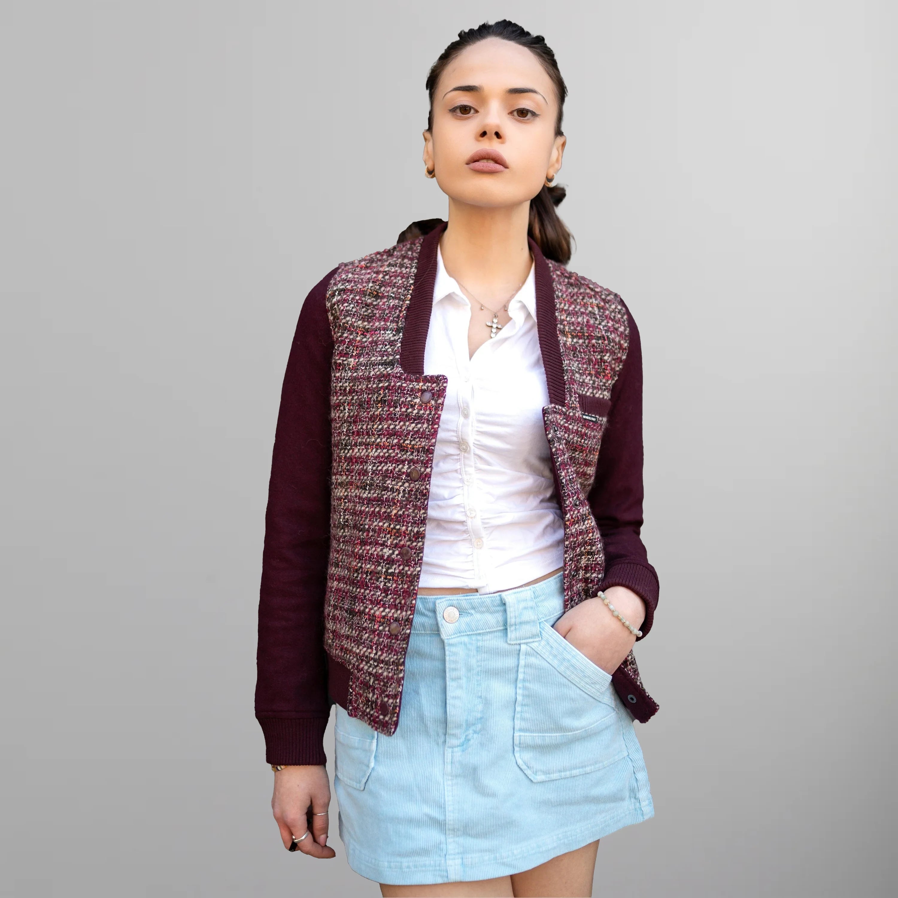 Women's Updated Tweed Varsity Jacket with Contrast Sleeve Womens Jacket Members Only Burgundy X-Small 