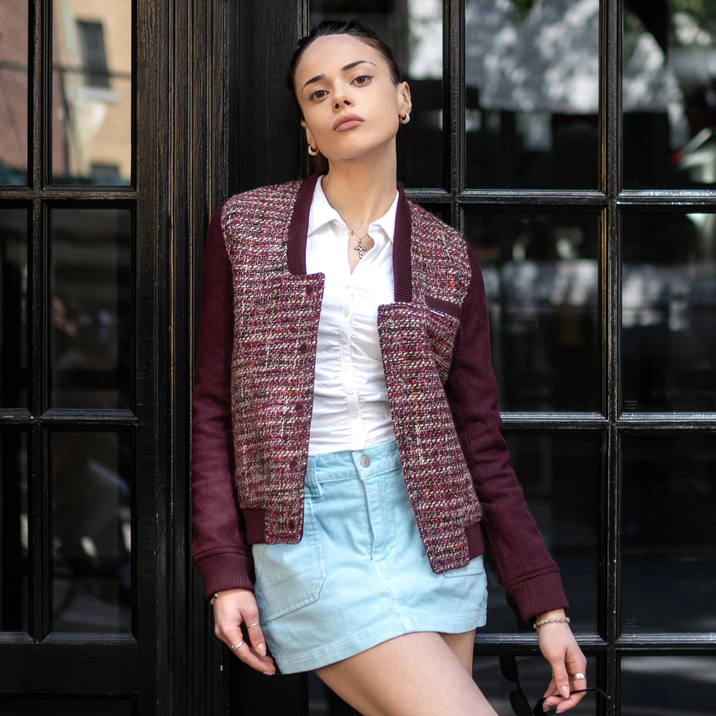 Women's Updated Tweed Varsity Jacket with Contrast Sleeve - FINAL SALE Womens Jacket Members Only® 