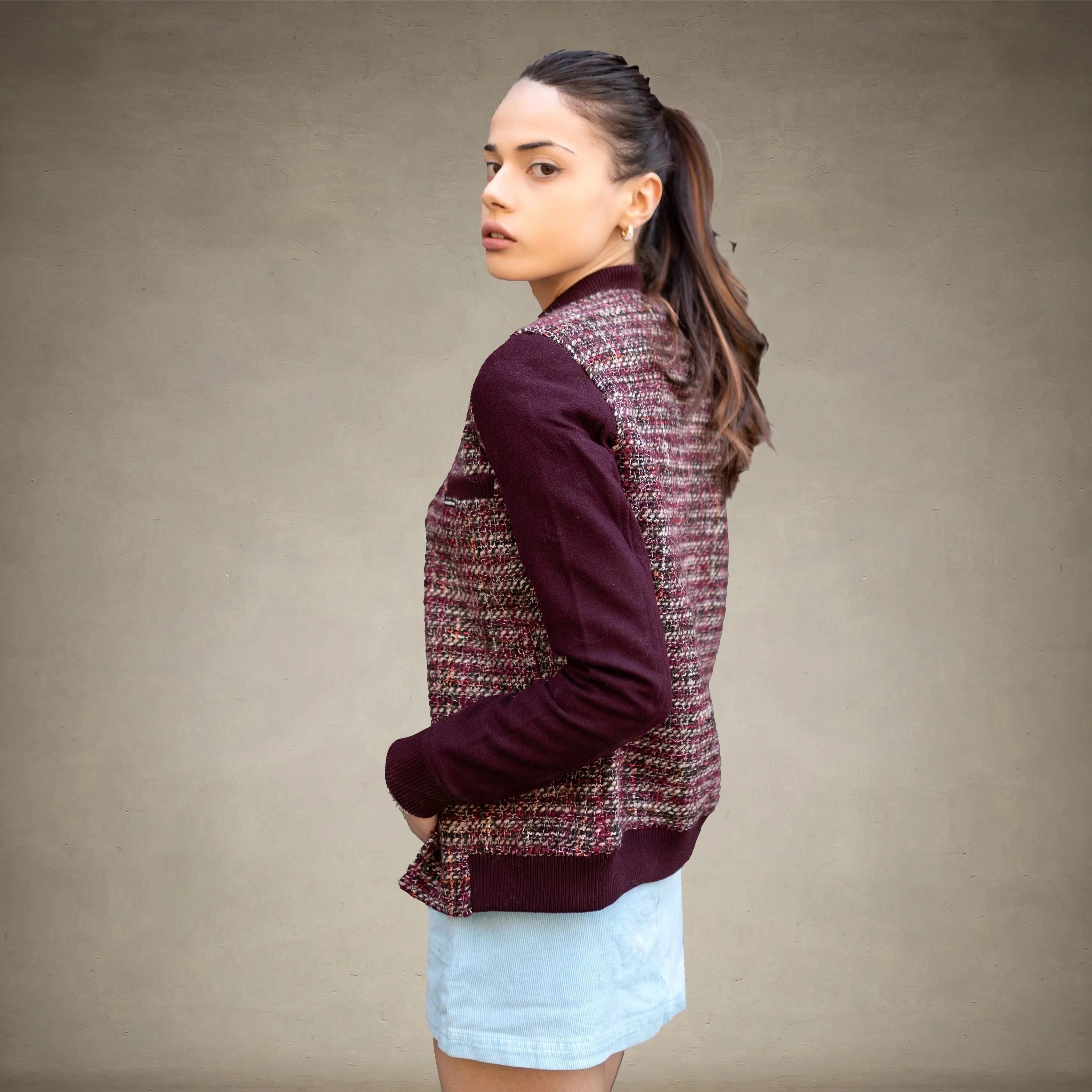 Women's Updated Tweed Varsity Jacket with Contrast Sleeve - FINAL SALE Womens Jacket Members Only® 