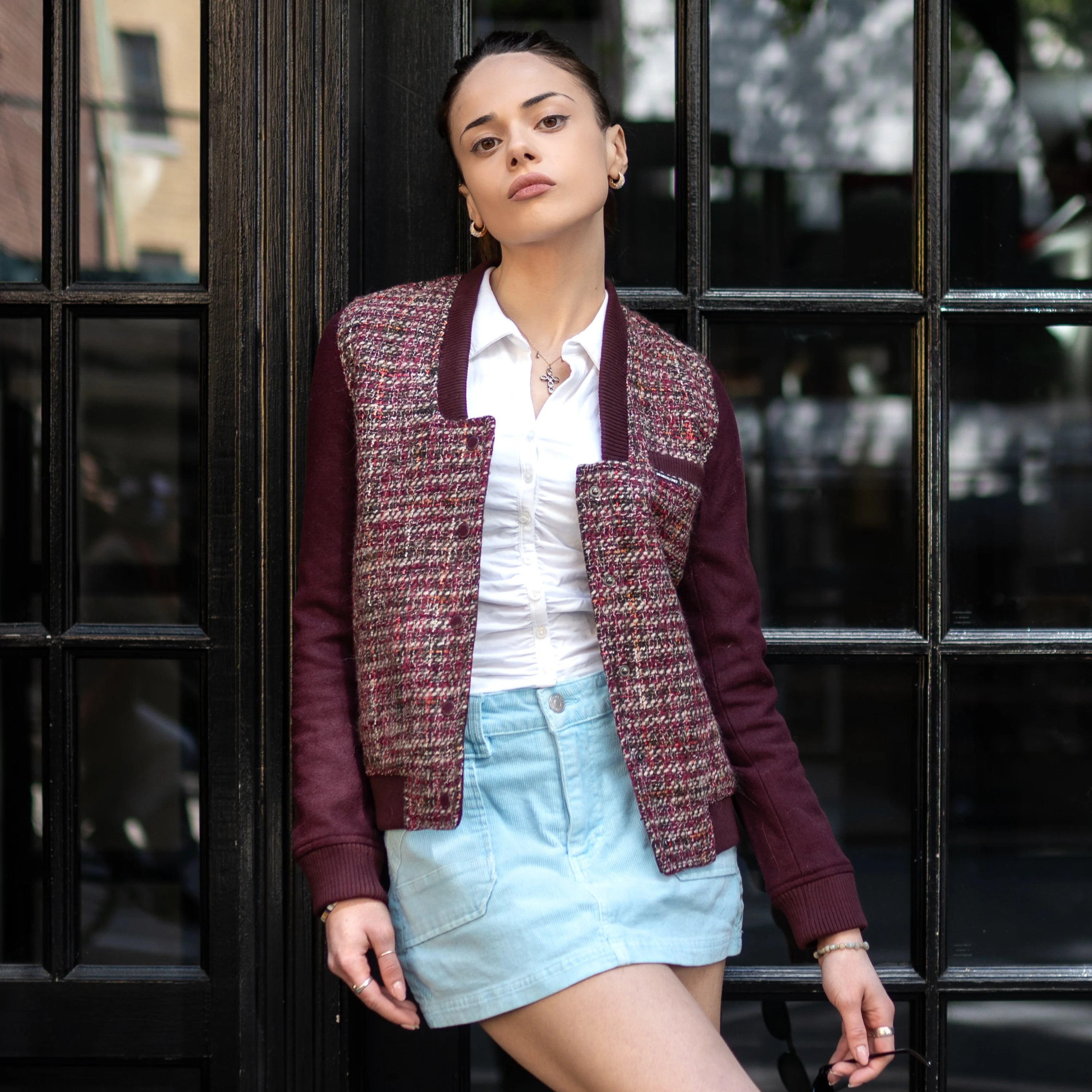 Women's Updated Tweed Varsity Jacket with Contrast Sleeve Womens Jacket Members Only 