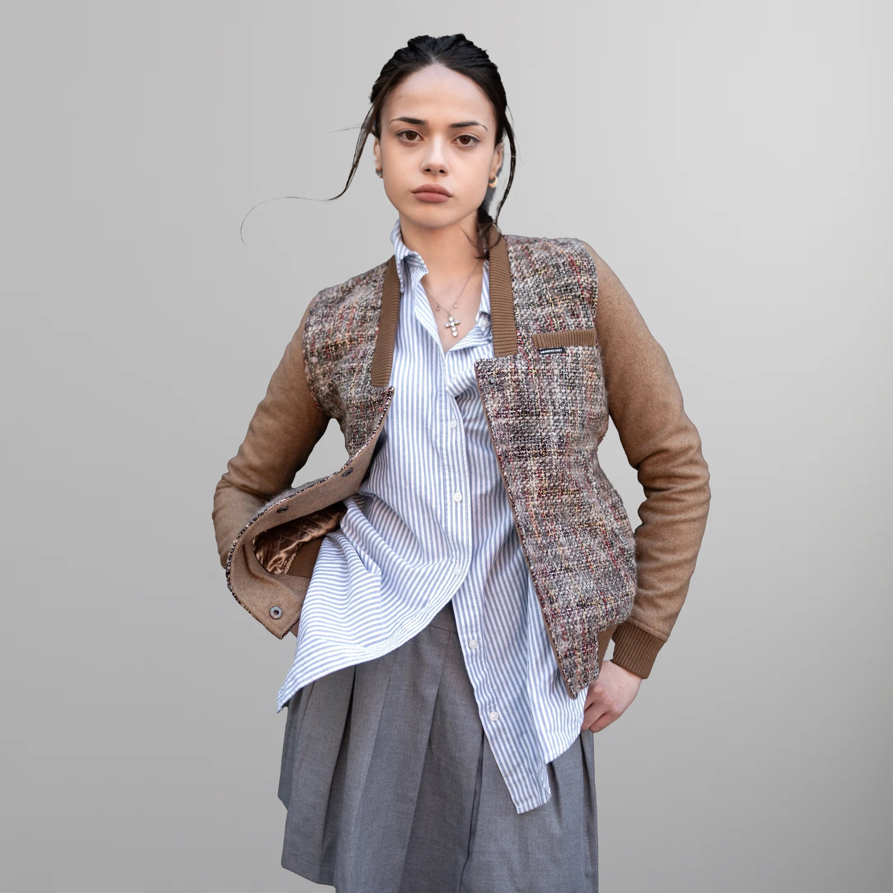 Women's Updated Tweed Varsity Jacket with Contrast Sleeve Womens Jacket Members Only Camel X-Small 