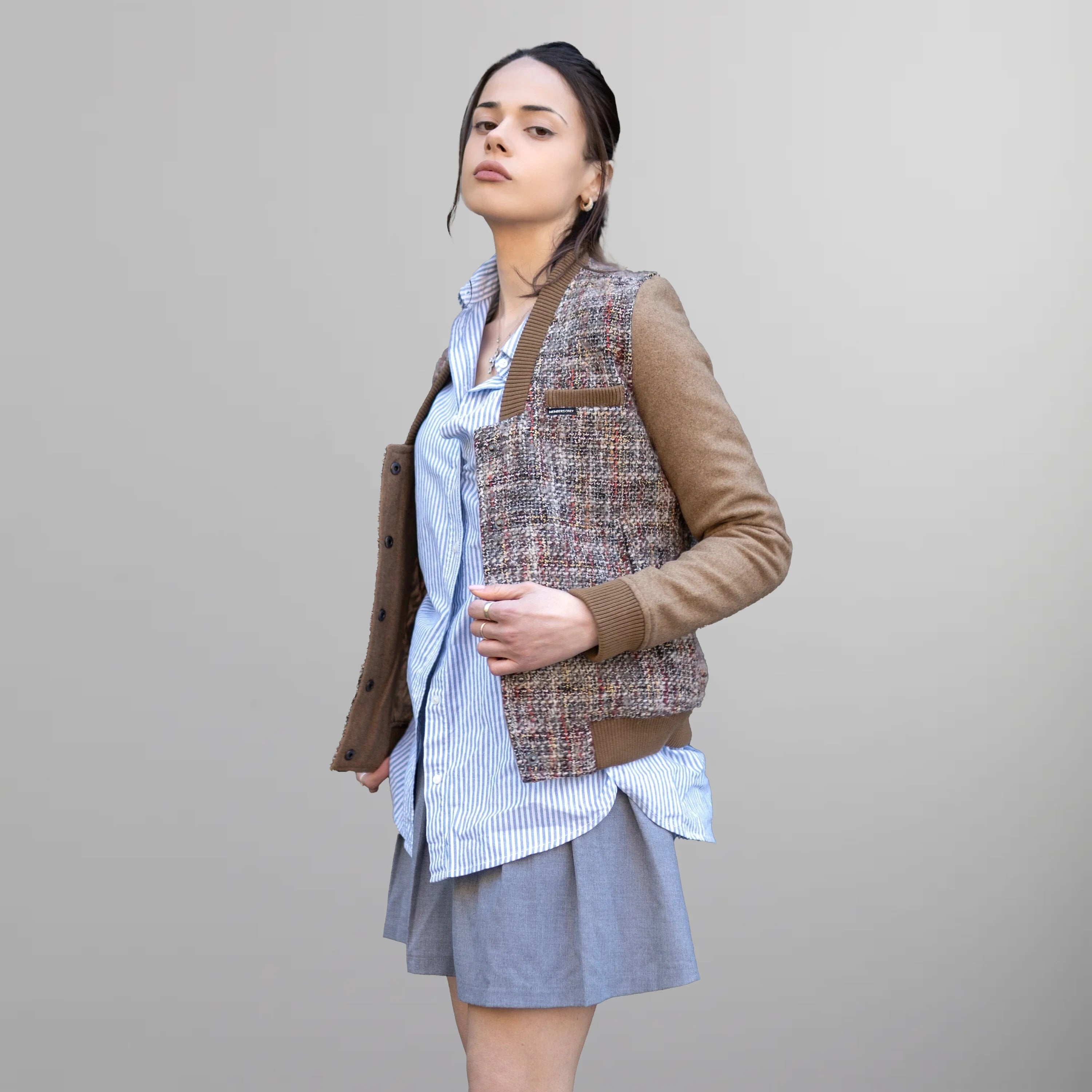 Women's Updated Tweed Varsity Jacket with Contrast Sleeve Womens Jacket Members Only 