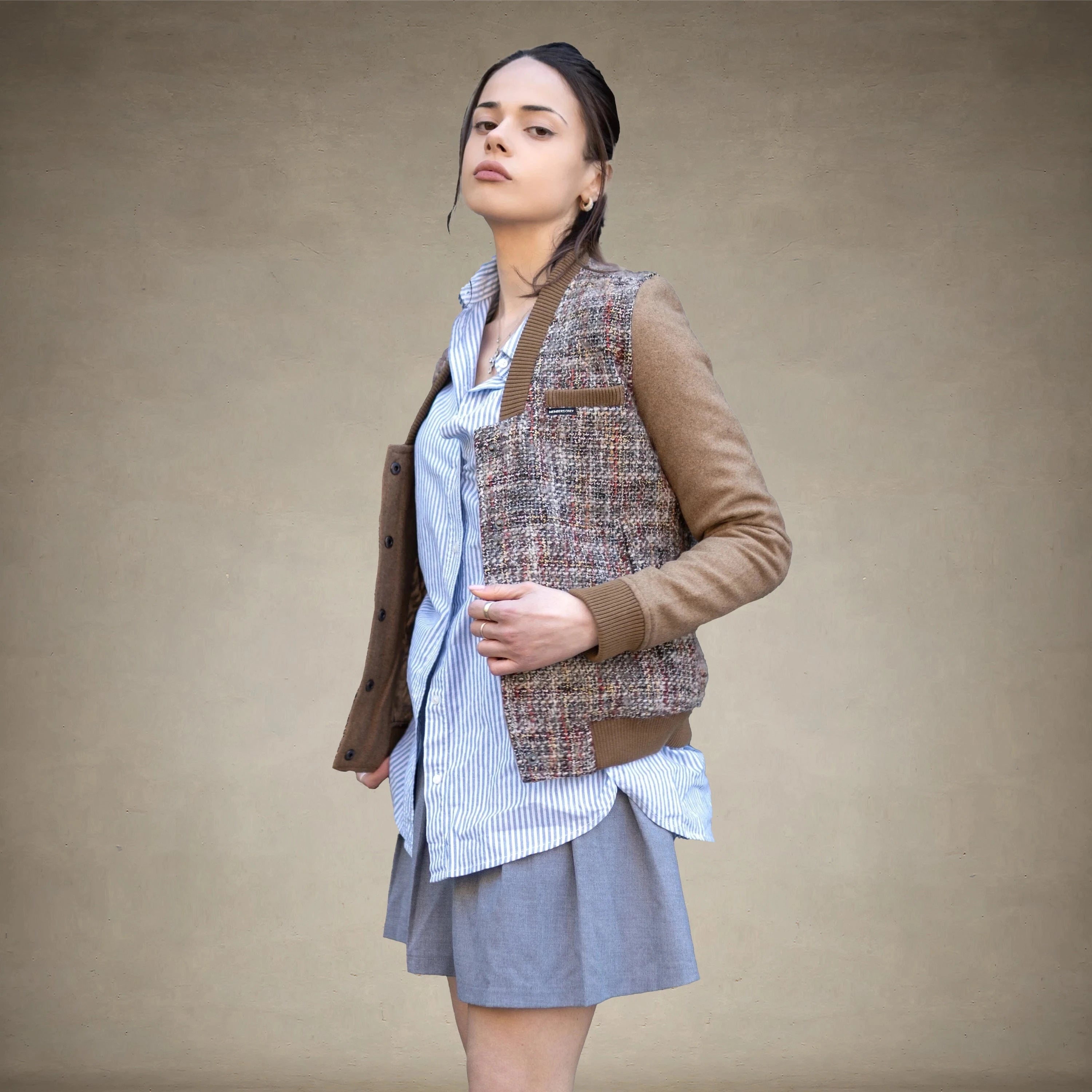 Women's Updated Tweed Varsity Jacket with Contrast Sleeve - FINAL SALE Womens Jacket Members Only® 