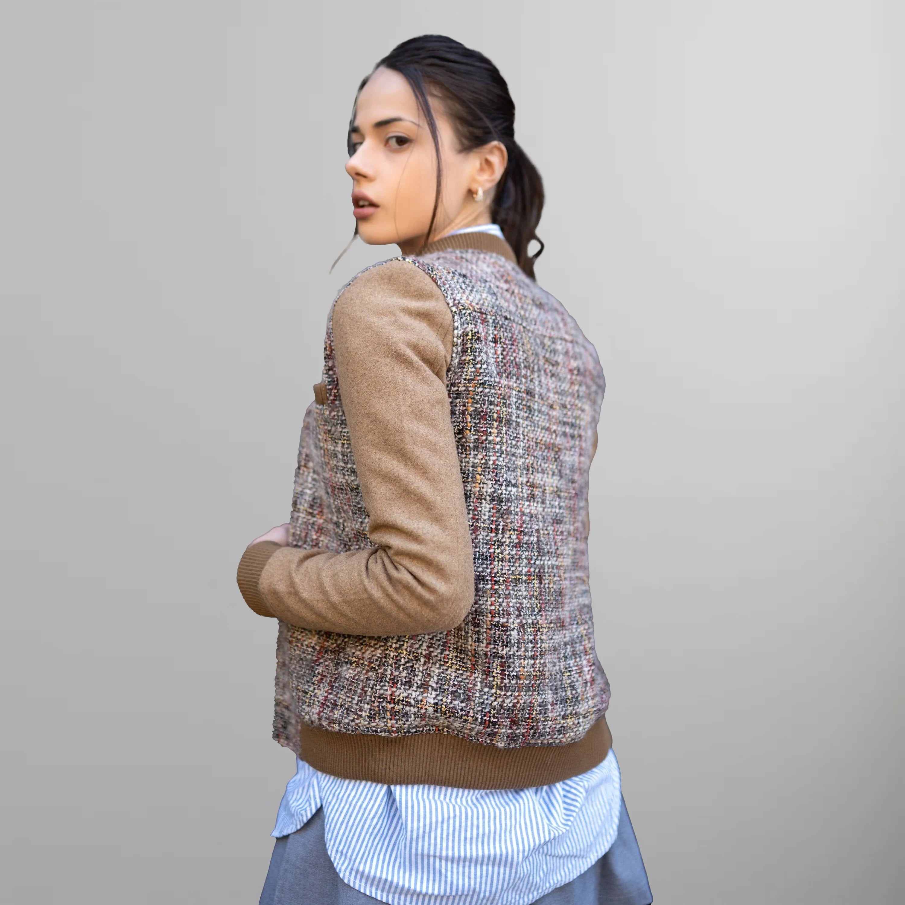 Women's Updated Tweed Varsity Jacket with Contrast Sleeve Womens Jacket Members Only 