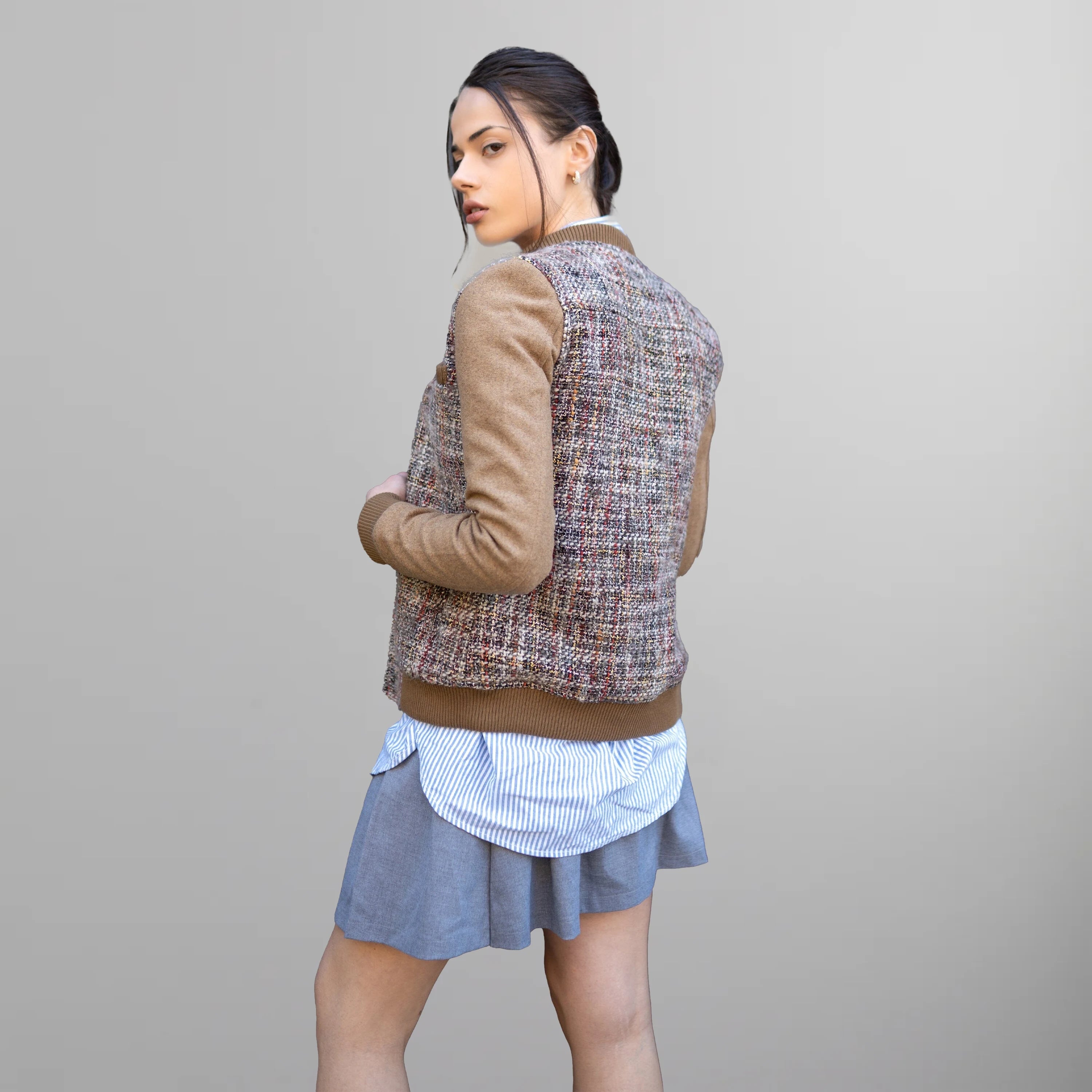 Women's Updated Tweed Varsity Jacket with Contrast Sleeve Womens Jacket Members Only 