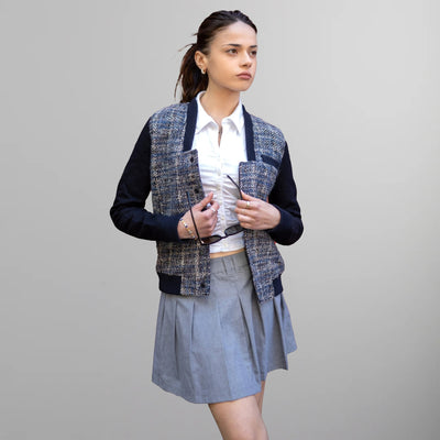 Women's Updated Tweed Varsity Jacket with Contrast Sleeve Womens Jacket Members Only Navy X-Small 